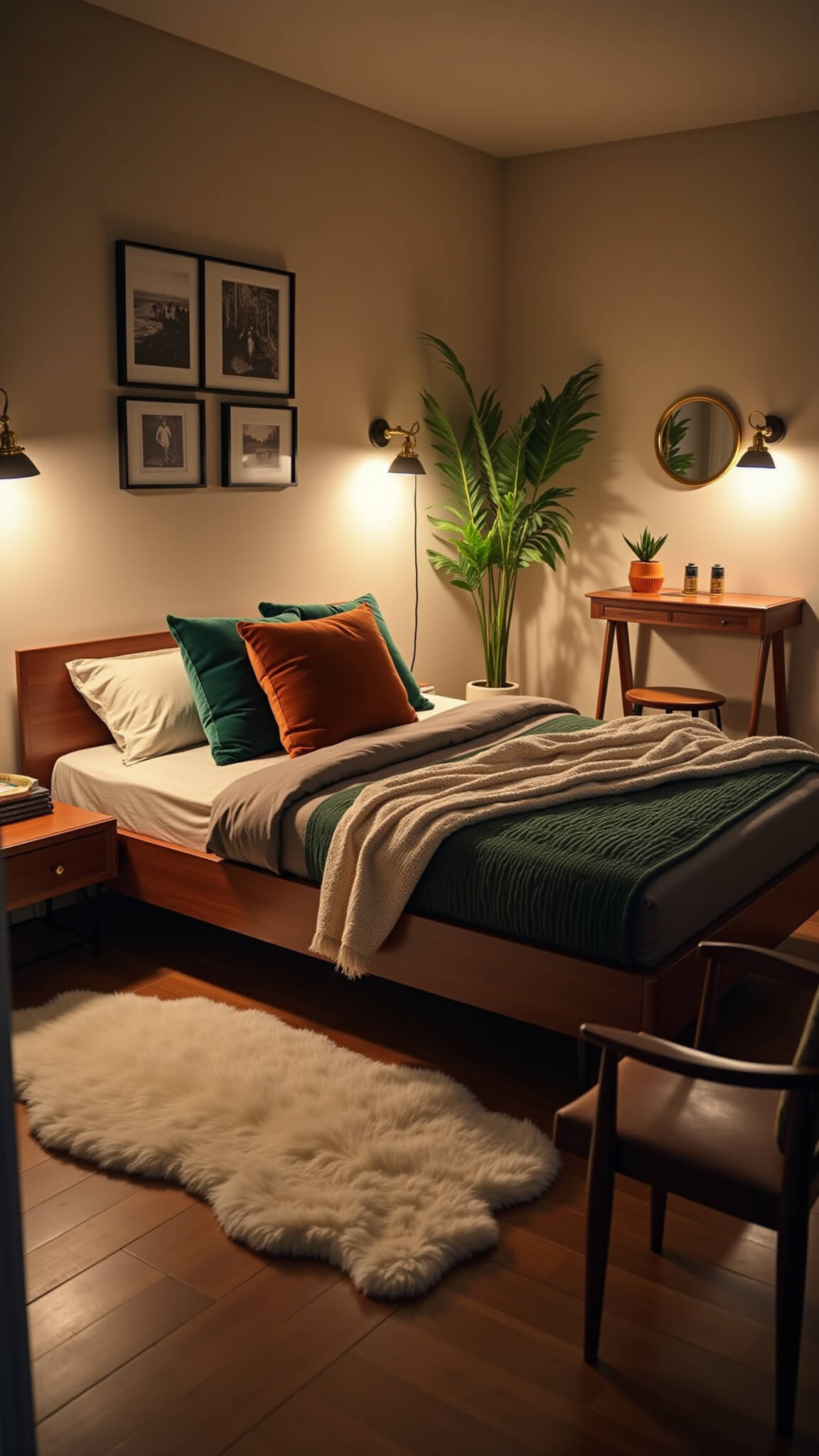 Cozy mid-century modern bedroom with warm lighting, walnut platform bed, textured bedding, wall-mounted nightstands, and a reading nook with leather sling chair.
