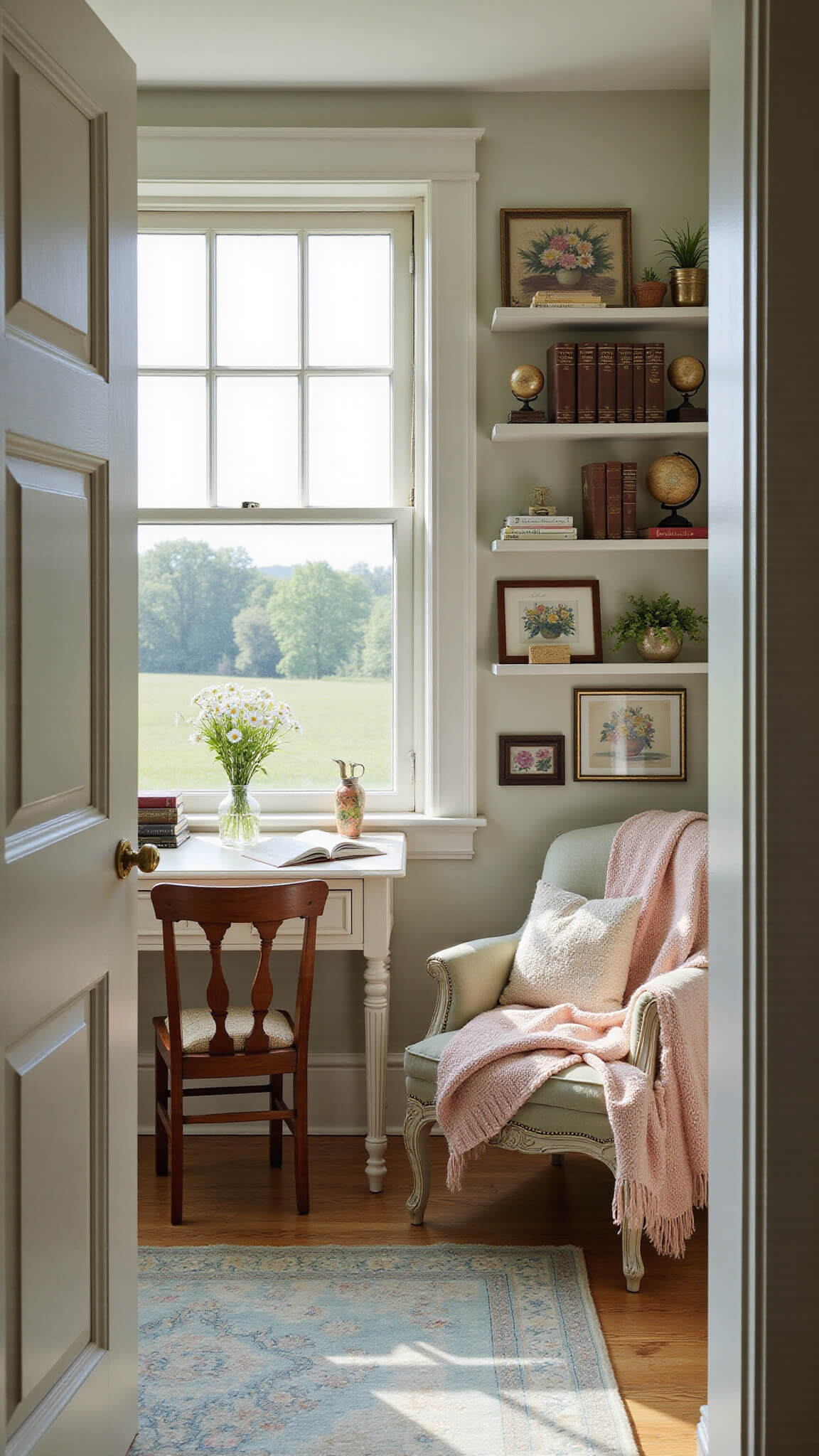 Cottagecore home office with vintage desk, floral decor, reading chair, and morning light through a meadow-facing window.