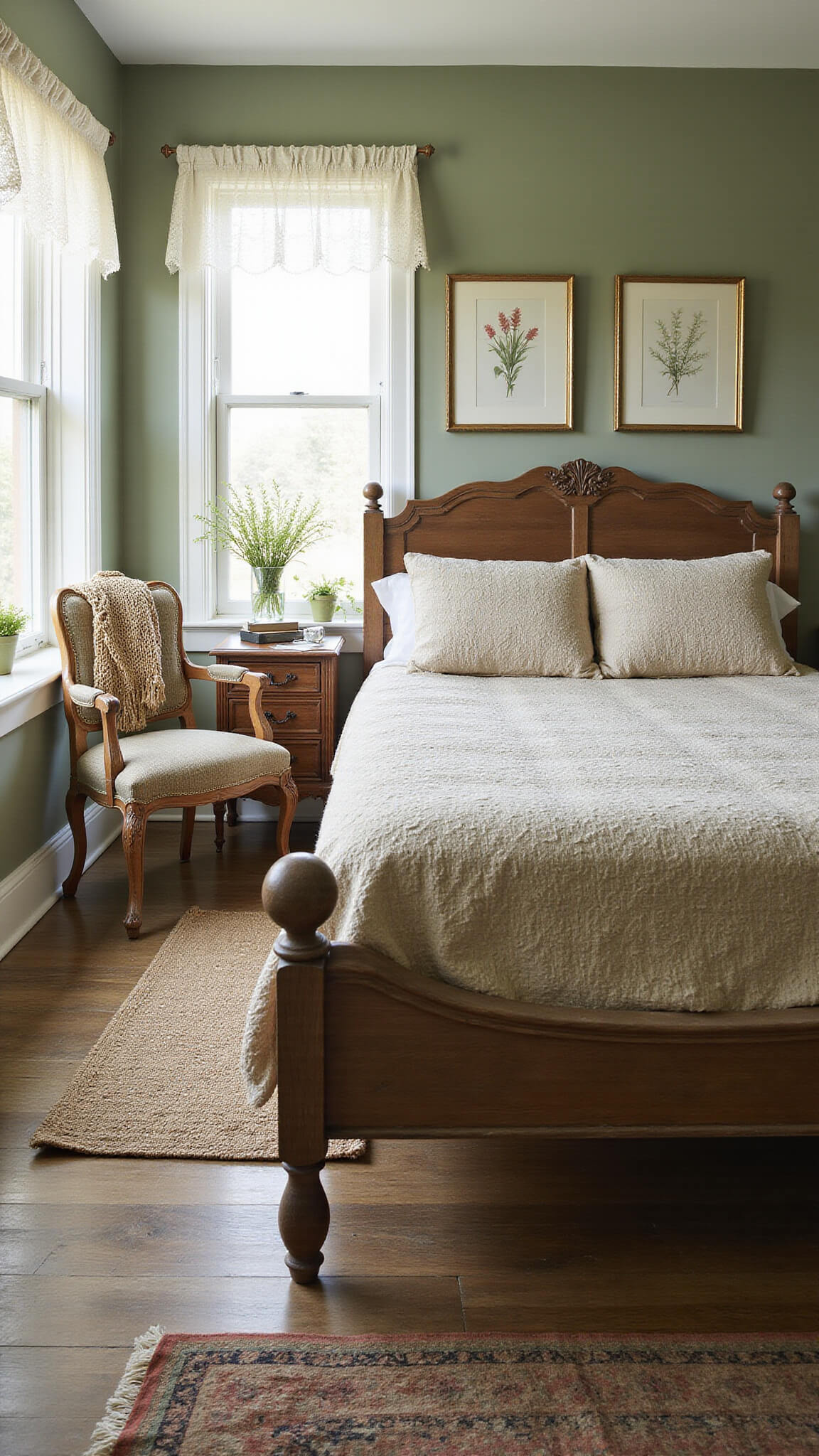 Wide-angle view of a tranquil cottagecore bedroom with sage green walls, vintage decor, handmade quilt, lace-curtained windows, and diffused morning light.