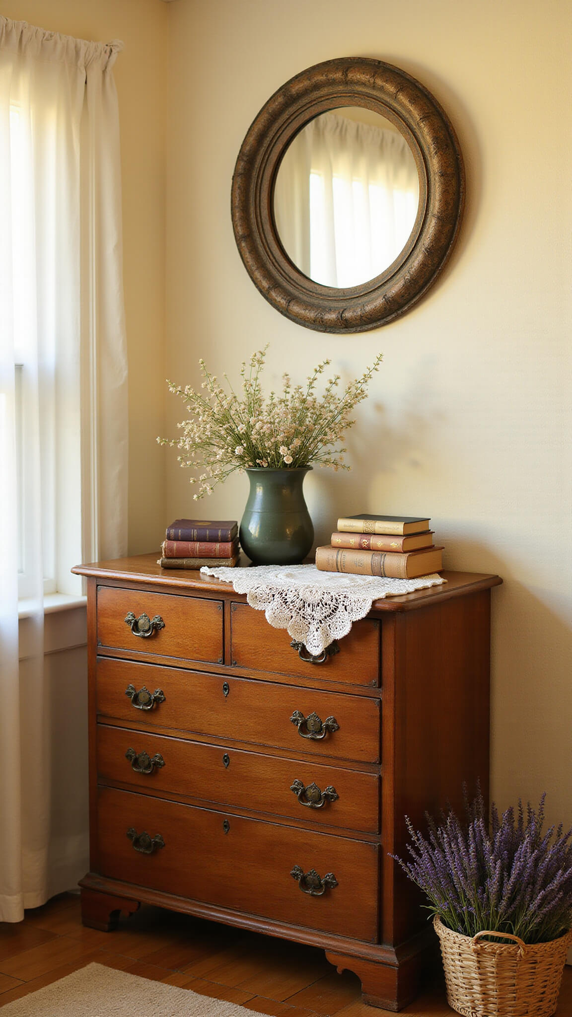Antique oak dresser with vintage books, lace doily, wildflowers in vase, and round mirror reflecting warm golden hour light in a cozy, cream-walled cottage bedroom.