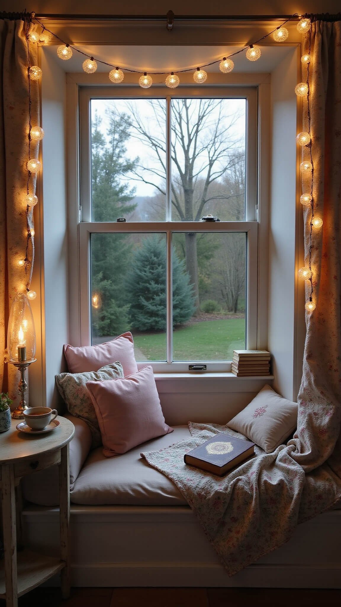 A cozy cottagecore window nook with blush cushions, lace curtains, vintage books, and fairy lights overlooking a twilight garden.