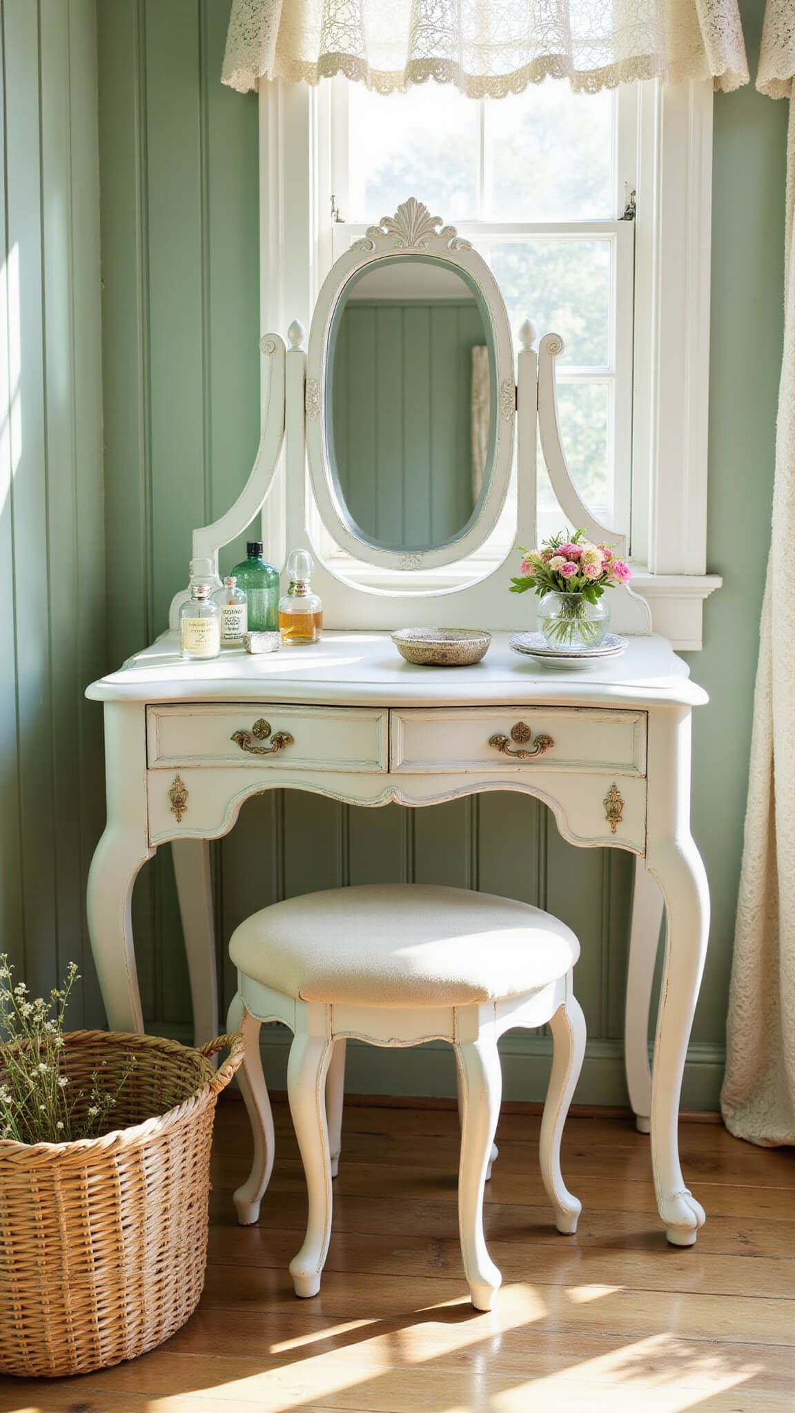 Antique white vanity with trifold mirror in a sage green cottagecore bedroom, decorated with vintage perfume bottles, silver hairbrush set, and porcelain jewelry dish, bathed in soft mid-morning light.