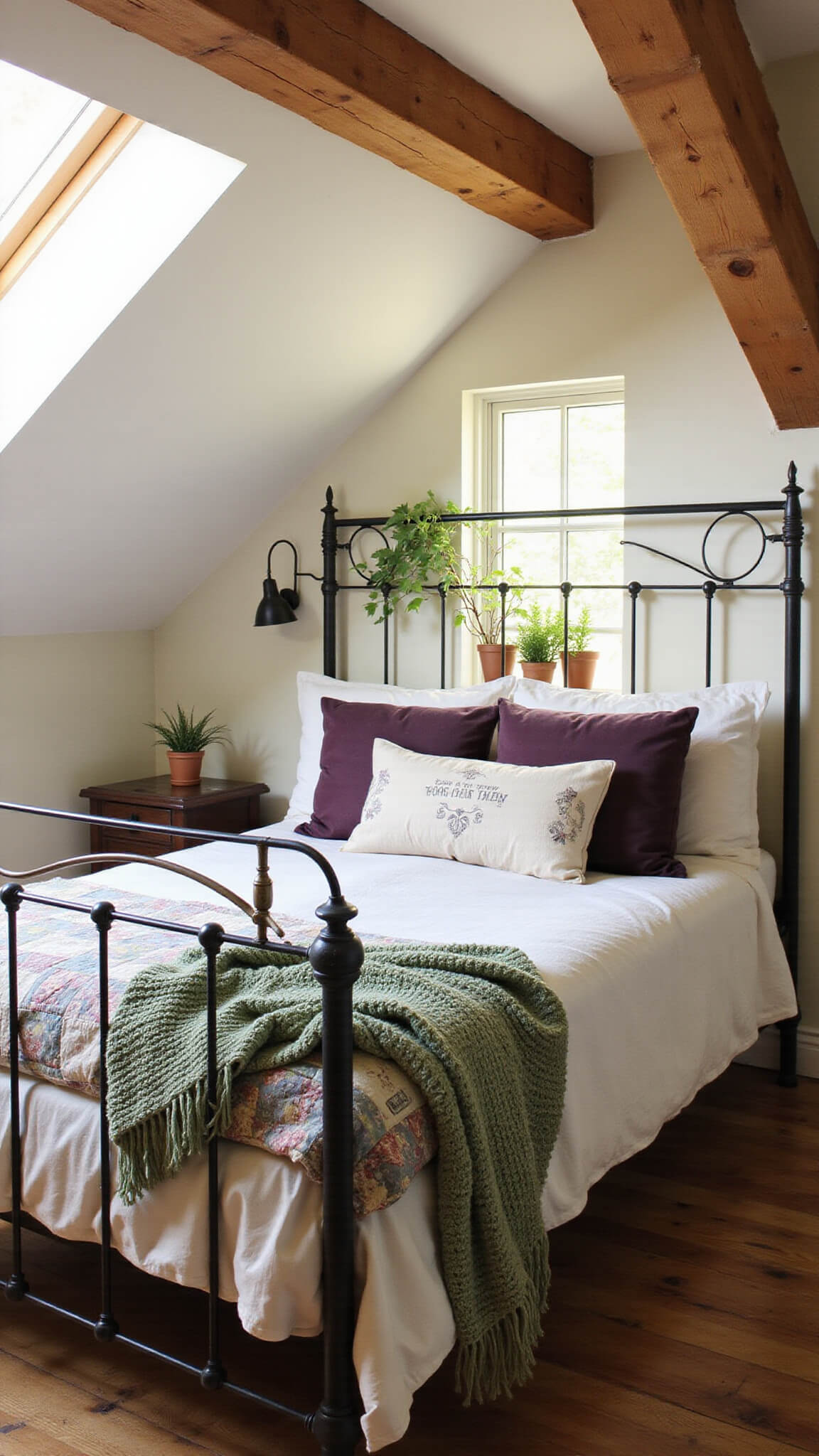Cozy attic bedroom with cottagecore bedding on a wrought iron bed, featuring white sheets, a floral patchwork quilt, velvet and linen pillows, and a sage knit throw, bathed in warm afternoon light from a dormer window with potted ferns.