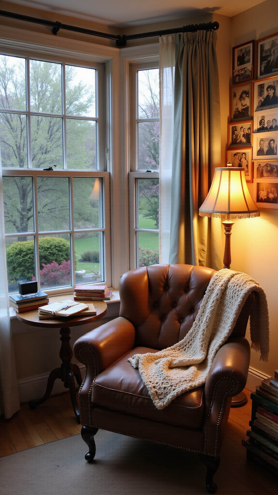 Cozy cottagecore reading nook with a leather armchair by a bay window, surrounded by books, a vintage lamp, and framed sepia family photos, bathed in warm evening light.