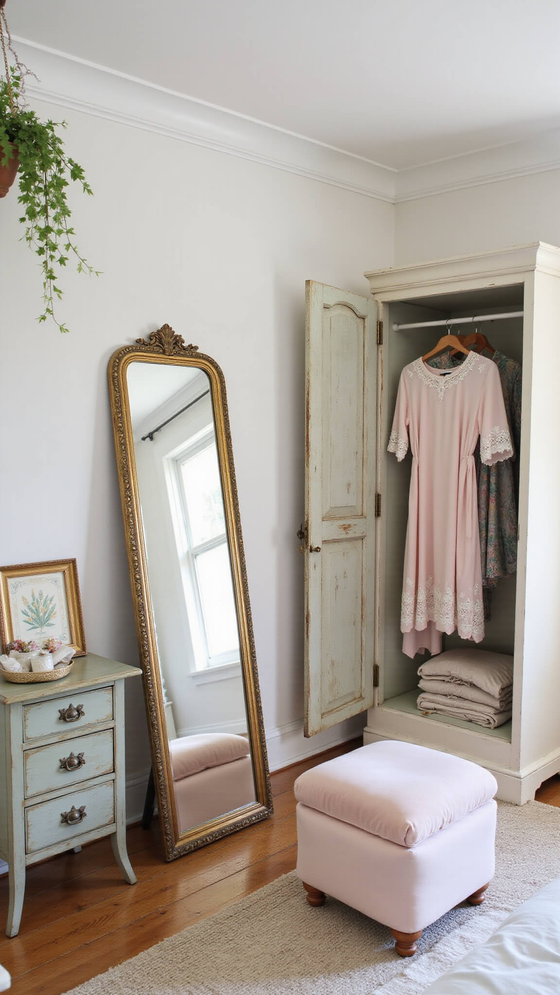 Wide shot of a romantic cottagecore dressing area with vintage accents, featuring a floral folding screen, ornate mirror, blush ottoman, and sundresses on a coat rack in soft morning light.