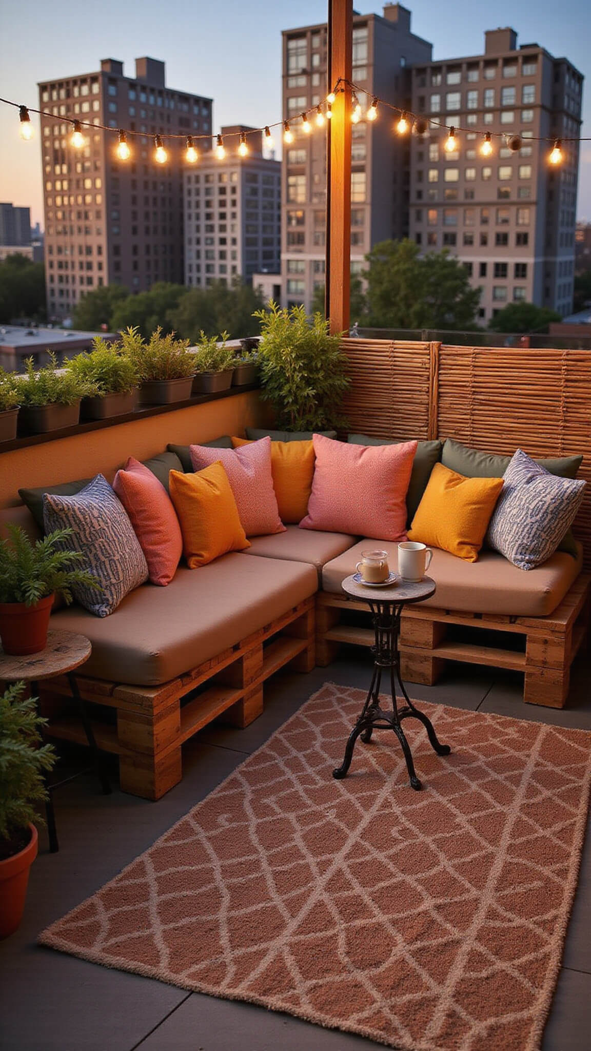 Cozy 6x8 ft urban balcony at sunset with pallet sofa, colorful pillows, solar string lights, potted plants, bistro table with coffee mugs, geometric rug, and bamboo privacy screen.