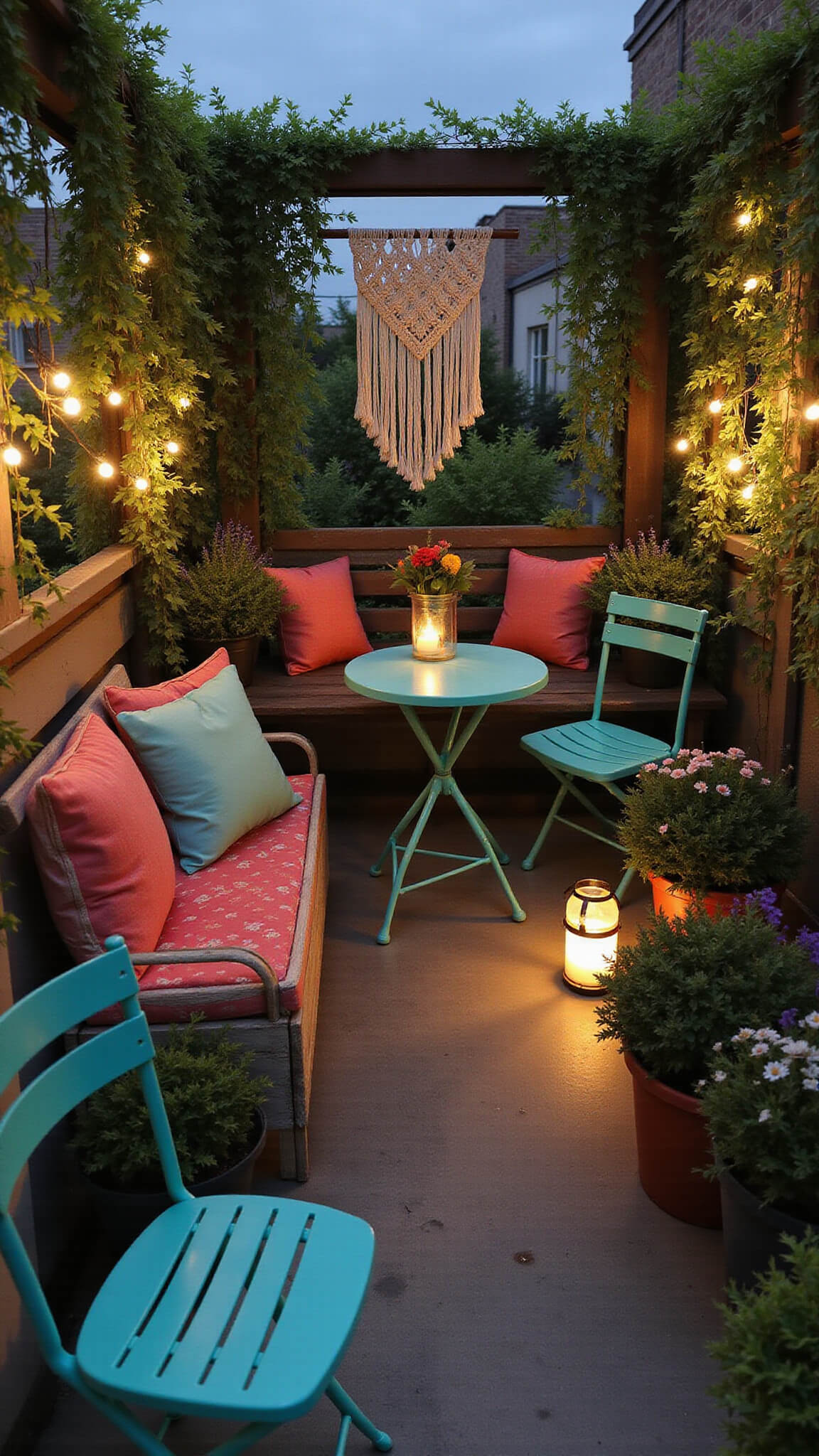 Cozy 5x7 ft balcony at dusk with teal bistro set, lush hanging plants, soft LED lanterns, and bohemian fairy-lit macramé decor.