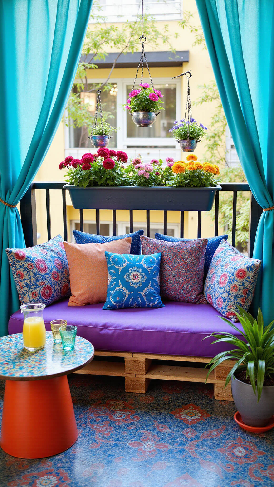 Colorful 7x5 ft balcony at midday with a DIY pallet daybed, jewel-toned cushions, overflowing railing flower boxes, hanging colander planters, a mosaic side table with lemonade, bold Moroccan peel-and-stick floor tiles, and turquoise sheer curtains billowing in bright sunlight.