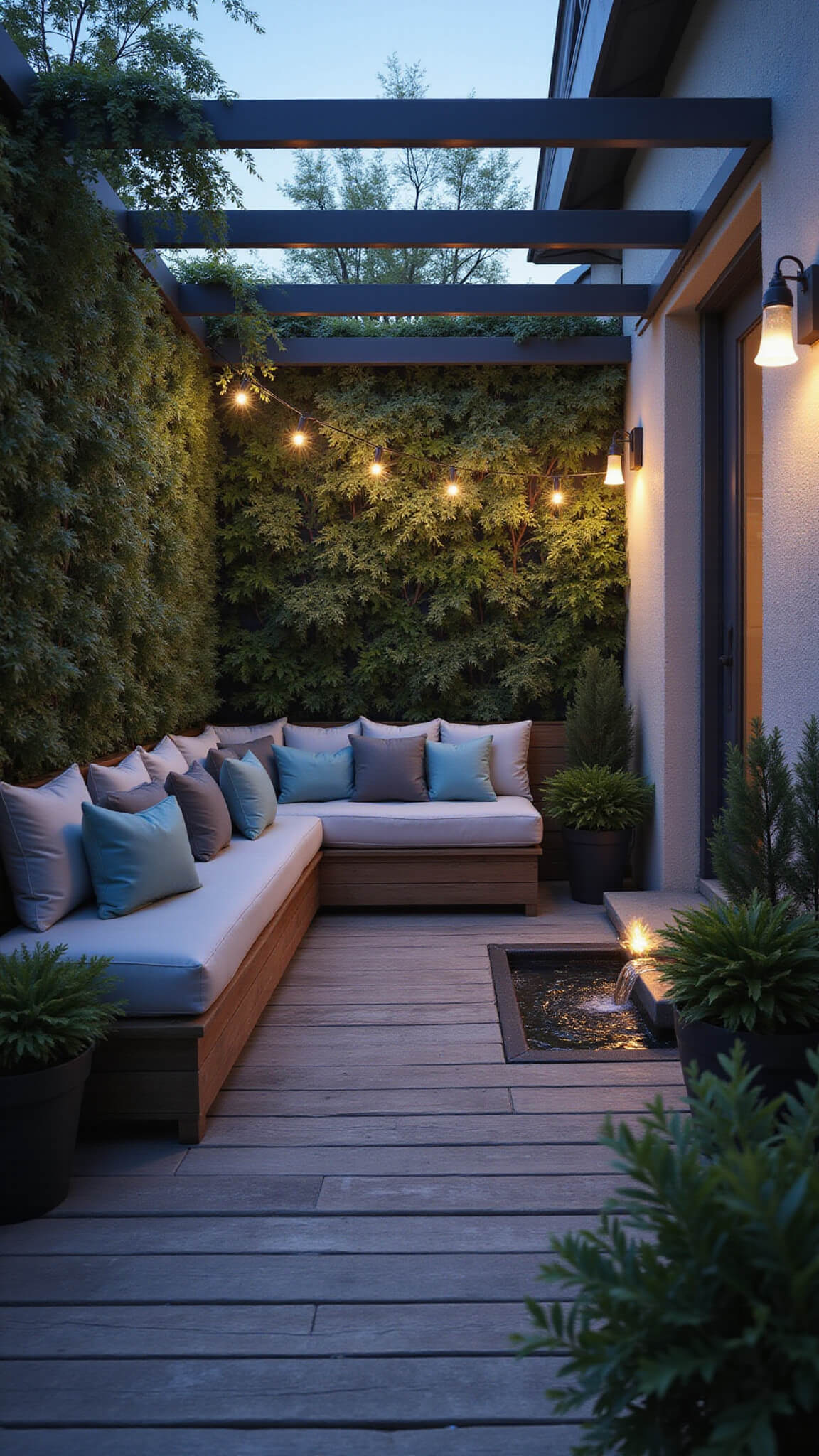 Twilight balcony with built-in bench seating, soft blue and grey cushions, pergola with jasmine and string lights, vertical garden, water feature, and weathered deck tiles.