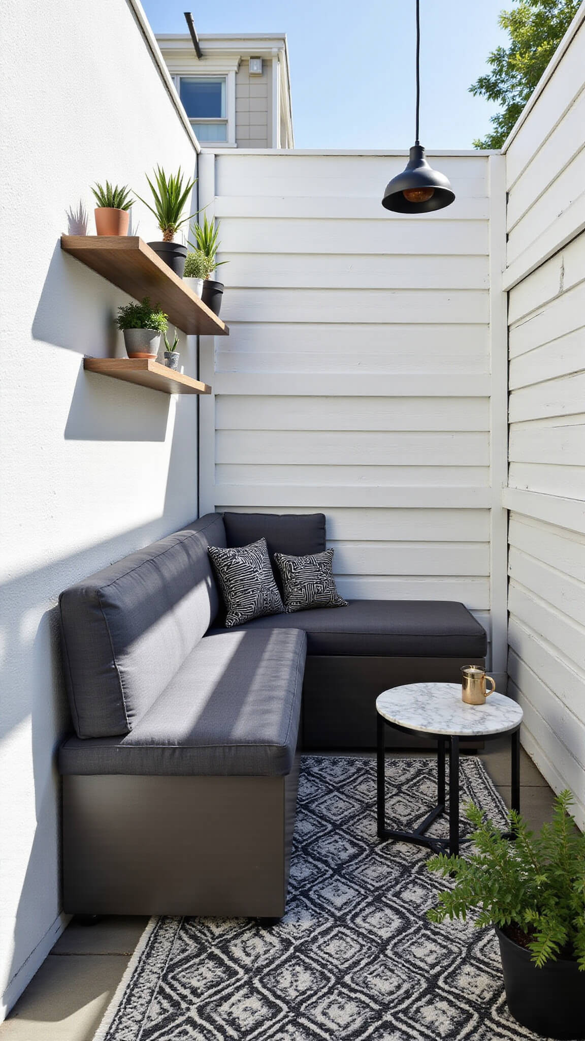 Chic 6x6 ft urban balcony with charcoal corner bench, marble side table, white slat privacy screen, black and white rug, pendant light, and floating shelves with plants in bright noon sun.