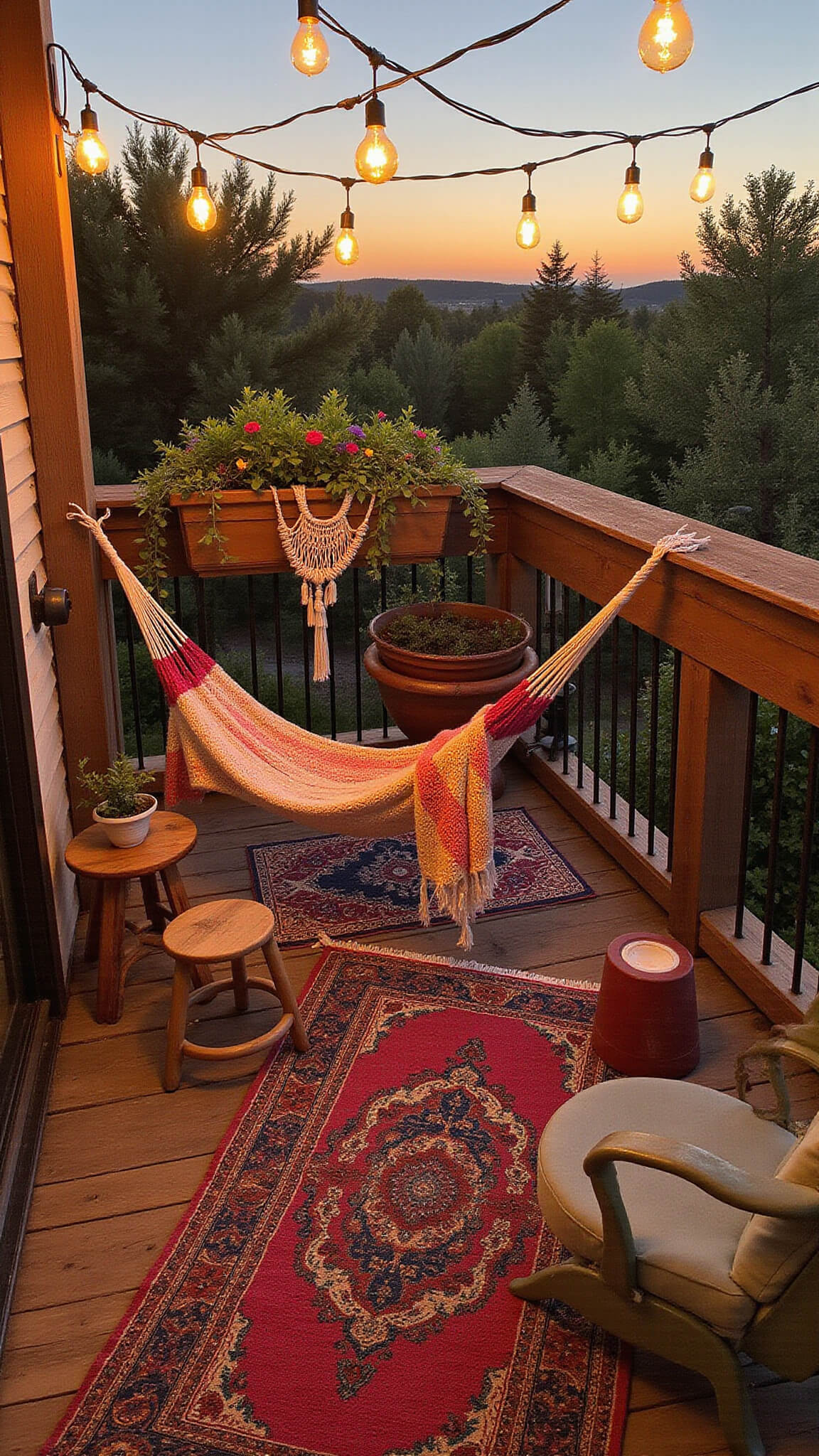 Bohemian-style balcony at sunset with a colorful hammock, vintage stools, wildflowers, macramé plants, patchwork rugs, and string lights.