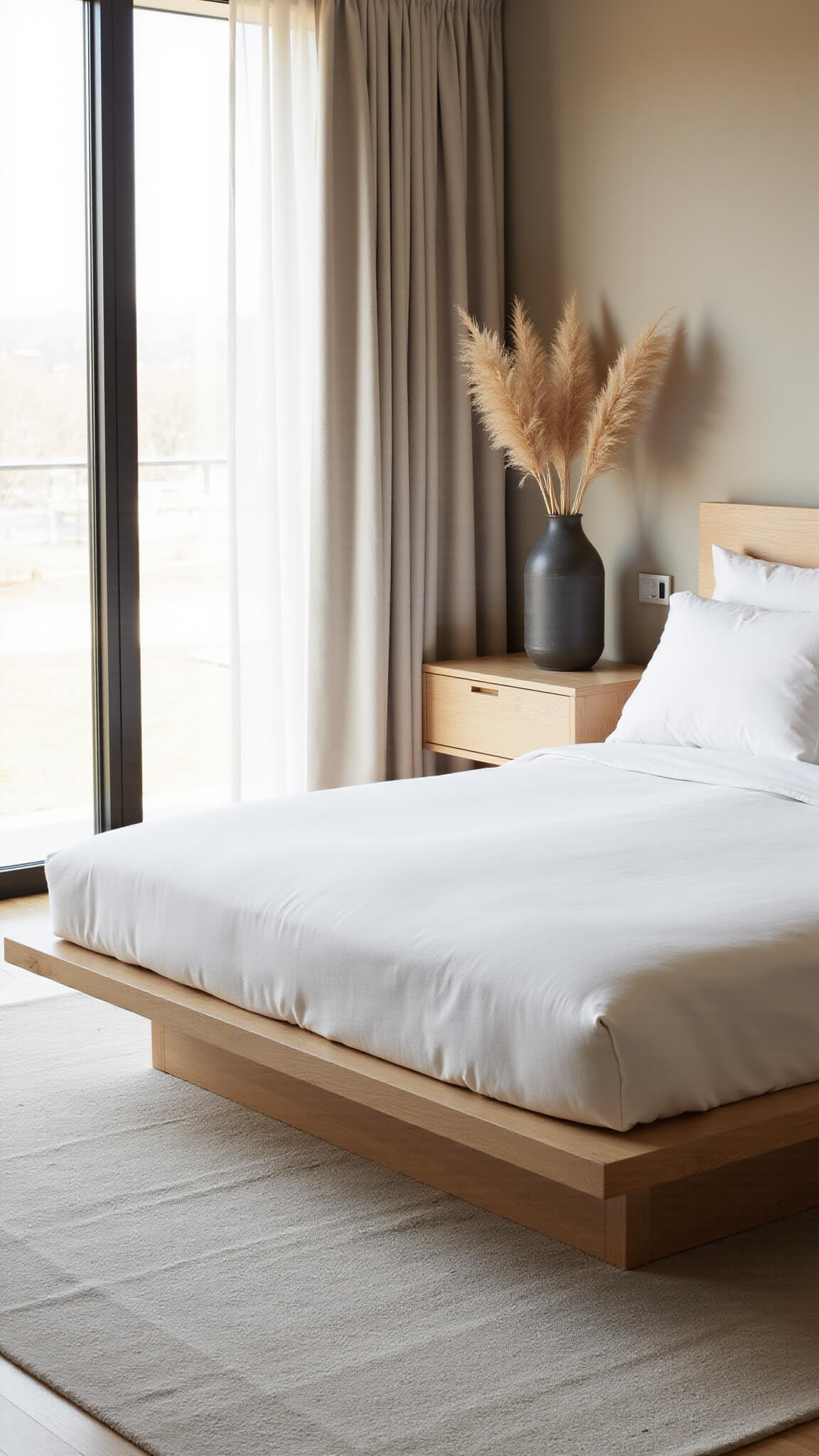 Minimalist sunlit bedroom with king-size bed, charcoal vase with pampas grass on oak nightstand, and soft natural light through sheer curtains.