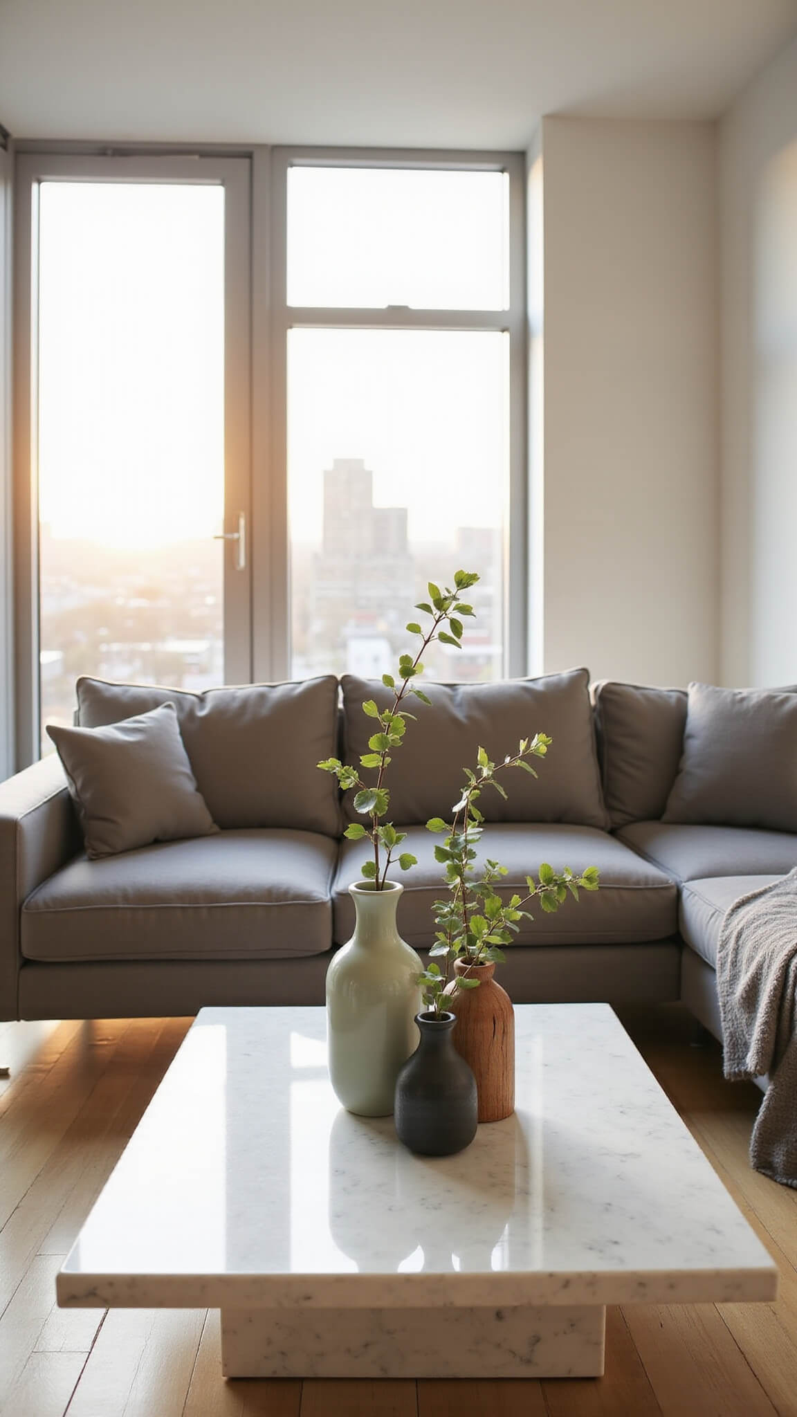 Open-concept living room with grey L-shaped sofa, floor-to-ceiling city-view windows, Japandi vases on marble coffee table, and golden hour light casting long shadows.