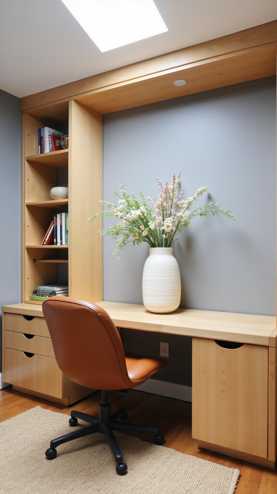 Compact home office nook with floating ash wood desk, ikebana floral arrangement, cognac leather chair, minimalist bookshelf, and natural lighting from skylights.