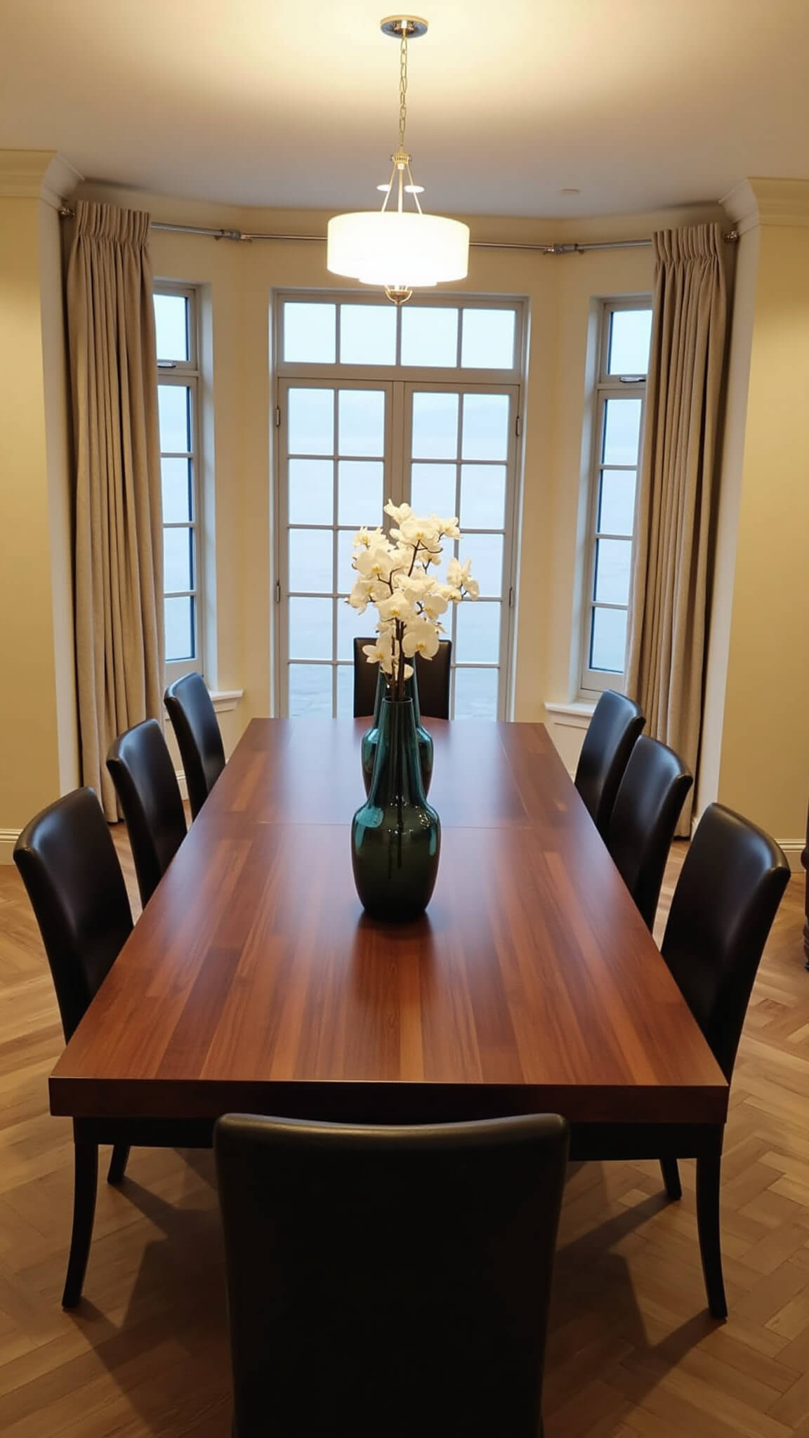 Elegant dining room with dark walnut table, three smoky blue Japandi vases with white orchids, warm lighting, ivory walls, and floor-length linen curtains.