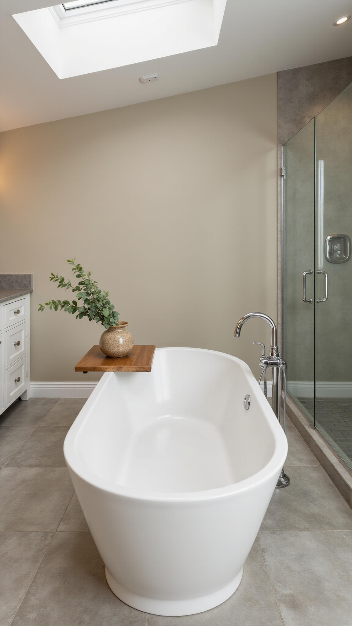 Tranquil master bathroom with freestanding white oval tub, eucalyptus in ceramic vase on wooden tray, skylight above, marble double vanity, walk-in shower, and soft morning light.