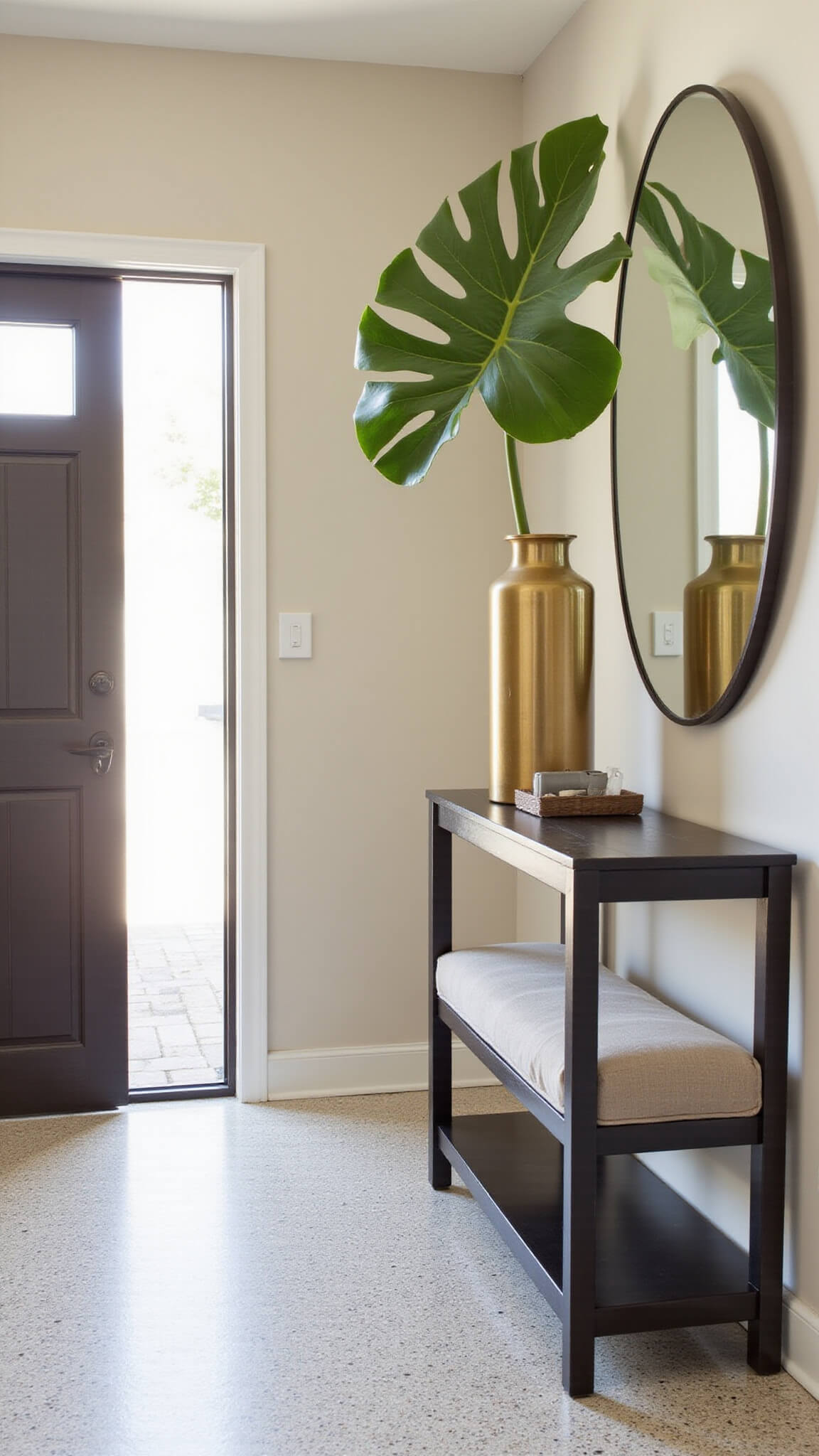 Modern 6x8 ft entryway with blackened steel console, brass vase with monstera leaf, circular mirror, built-in bench, terrazzo floor, and soft natural light.