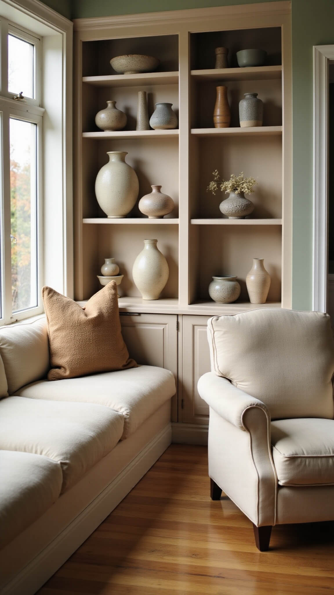 Cozy reading nook with bay window seat, ivory cushions, earth-tone pillows, and built-in shelves displaying muted Japandi vases with dried botanicals; warm wood floor, sage green wall, and golden hour light create a serene mood.