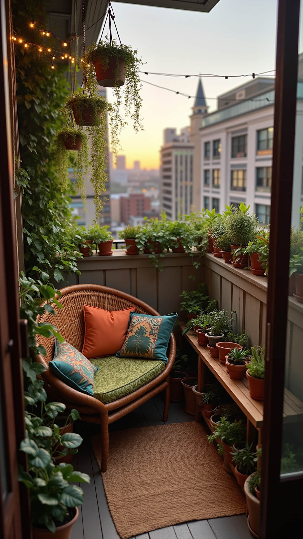 Cozy 6'x8' urban balcony at sunset with rattan loveseat, hanging planters, succulents, jute rug, and string lights creating a lush, intimate 'Urban Jungle' atmosphere.