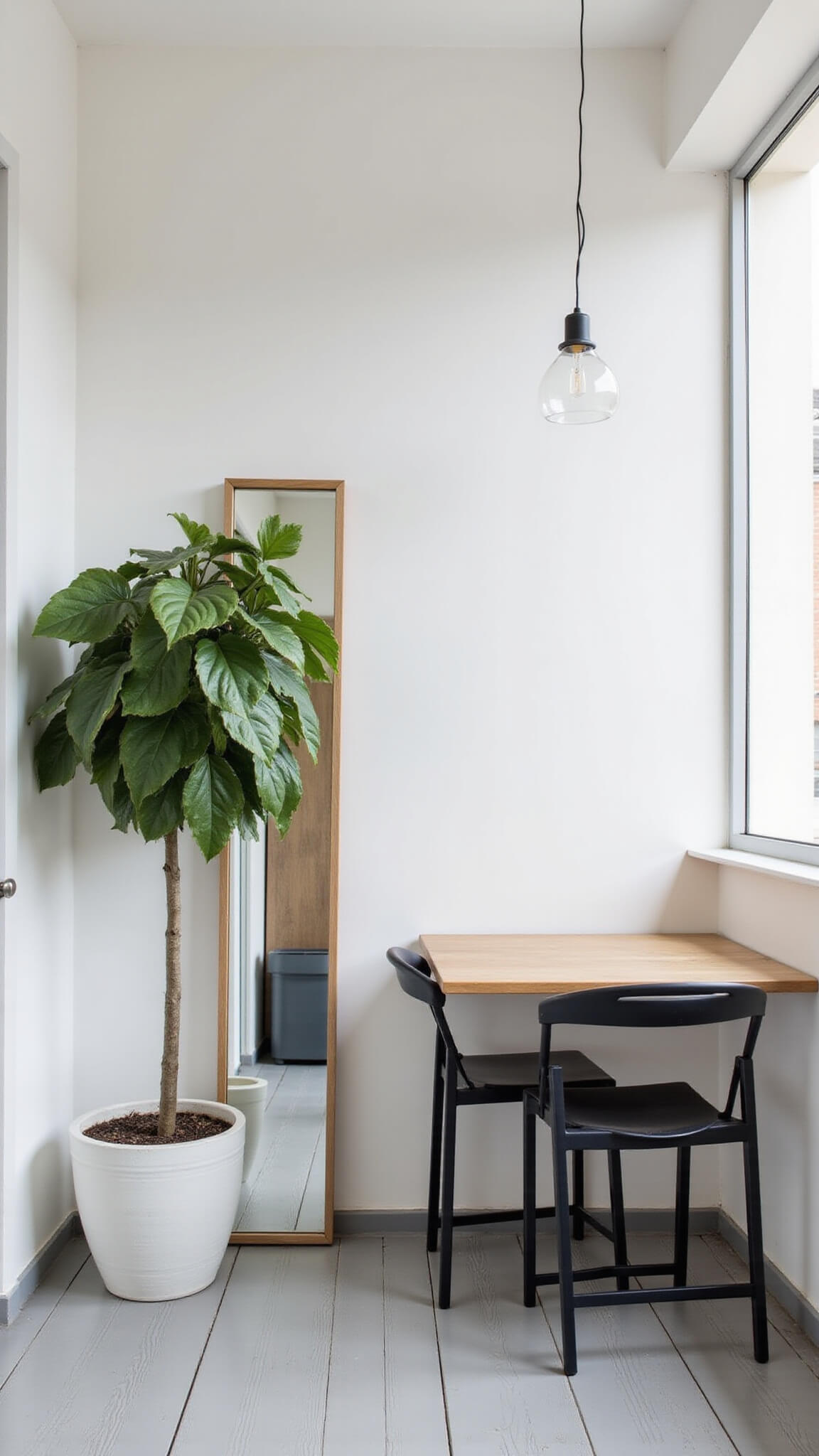 Minimalist 5'x7' balcony with wall-mounted oak table, black folding chairs, fiddle leaf fig in white pot, floor mirror, and glass pendant light in morning sunlight.