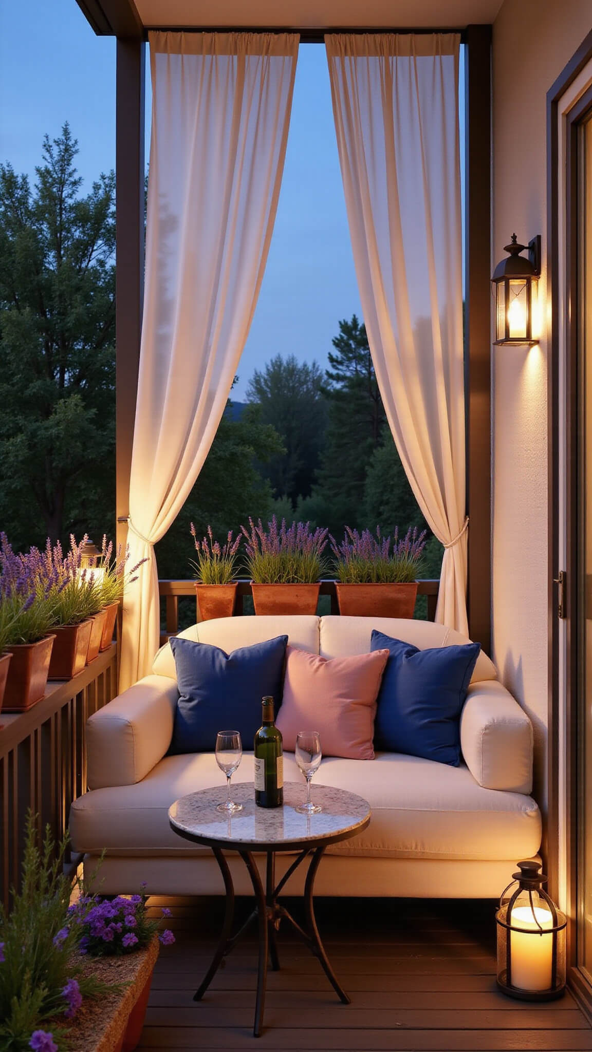 Romantic dusk balcony with cream loveseat, velvet cushions, marble bistro table with wine, billowing sheer curtains, lavender plants, LED lanterns, and copper herb garden.