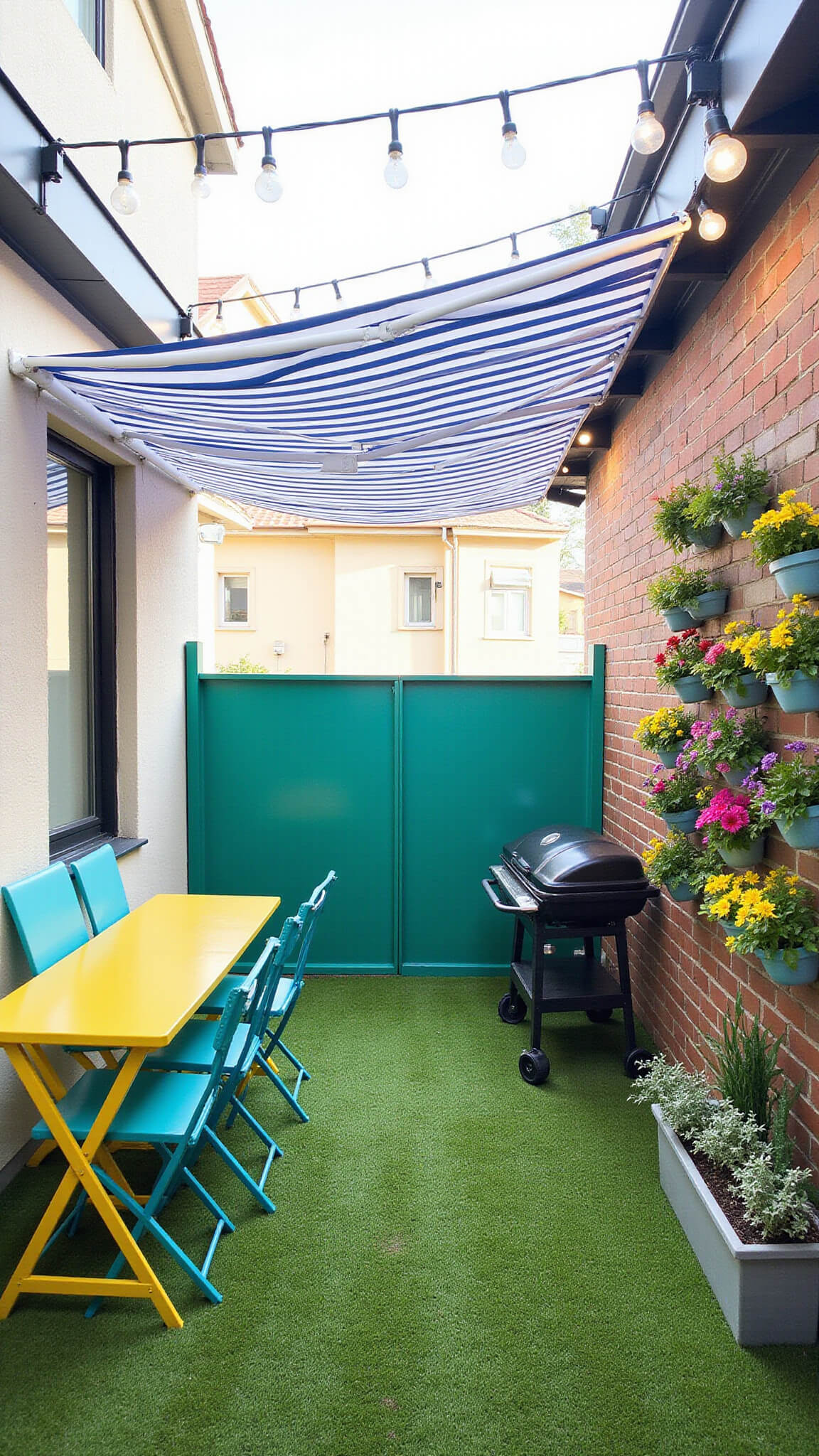 Colorful balcony setup with yellow dining table, blue and green chairs, striped awning, vertical flower garden, grill, herb box, artificial grass flooring, and string lights under bright midday sun.