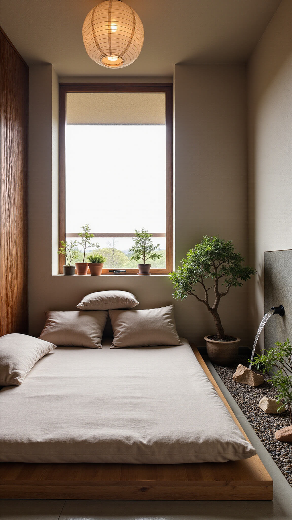 Zen-style 6'x6' balcony with wooden platform, futon, earth-toned cushions, bamboo water feature, bonsai trees, paper lantern, and pebble tile floor in soft dawn light.