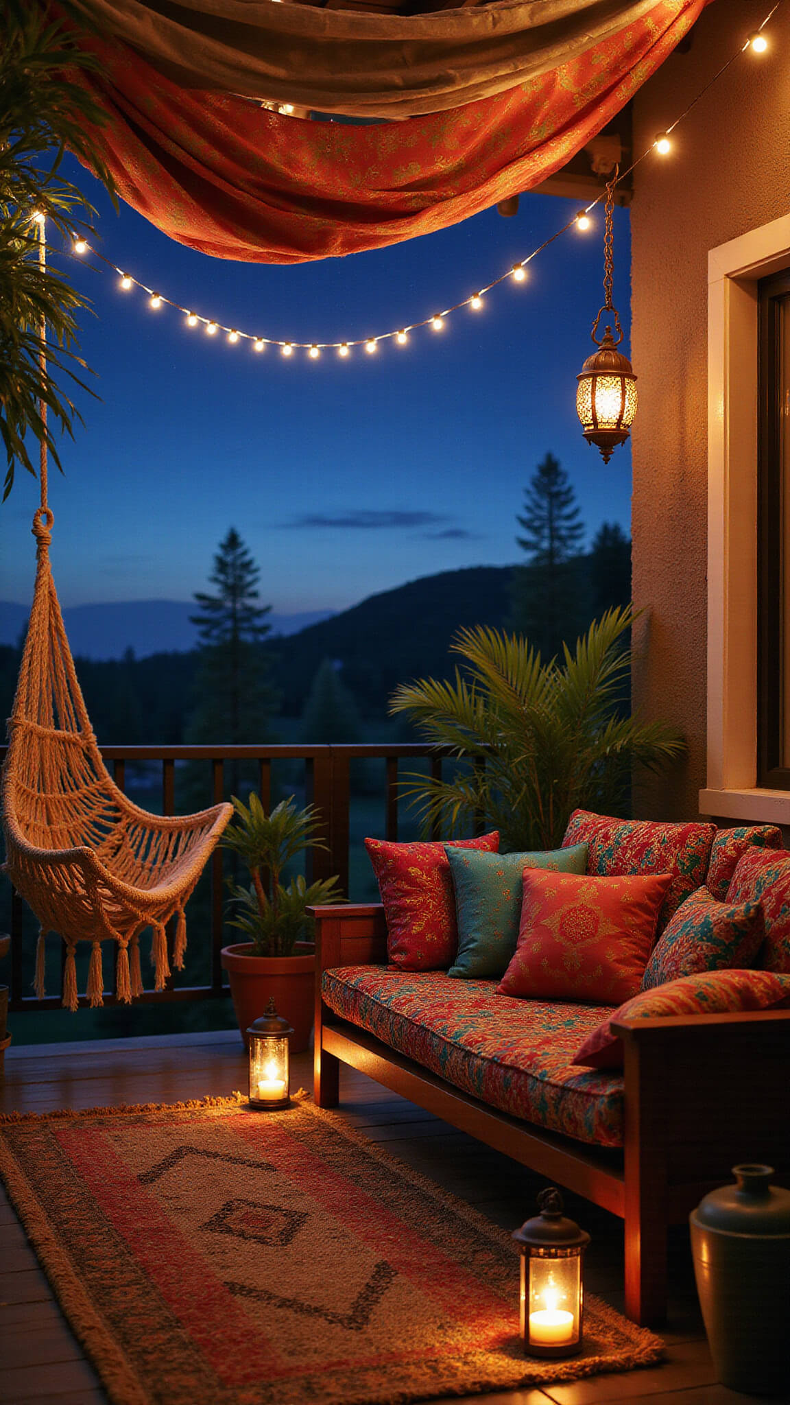 Bohemian-chic balcony at night with Moroccan daybed, macramé hammock, lanterns, lush plants, and fairy lights under sheer canopy.