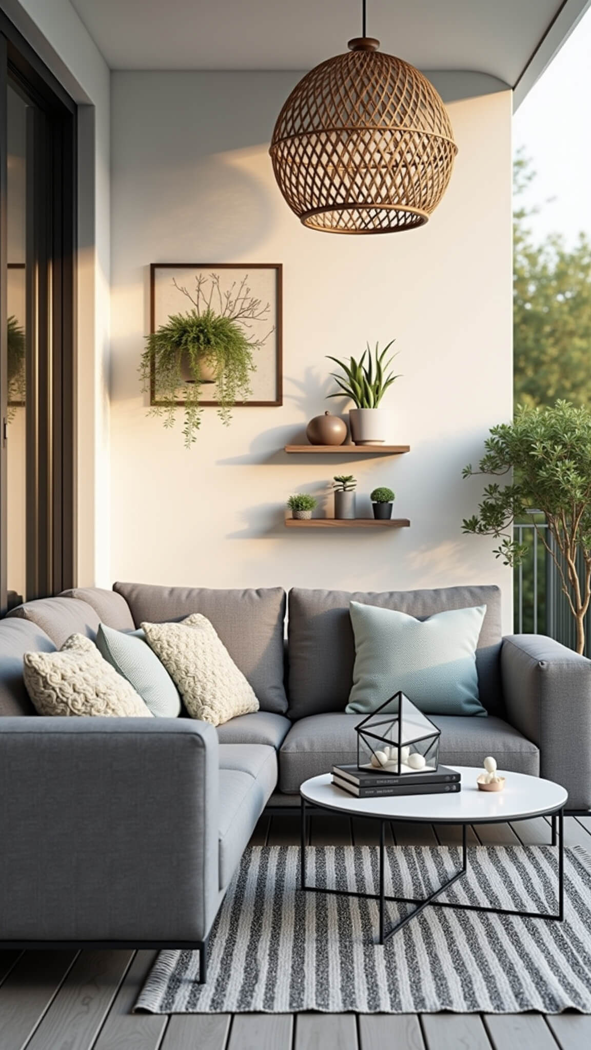Modern Scandinavian-style balcony with grey sofa, white coffee table, striped rug, floating plant shelves, and rattan pendant light in warm afternoon light.