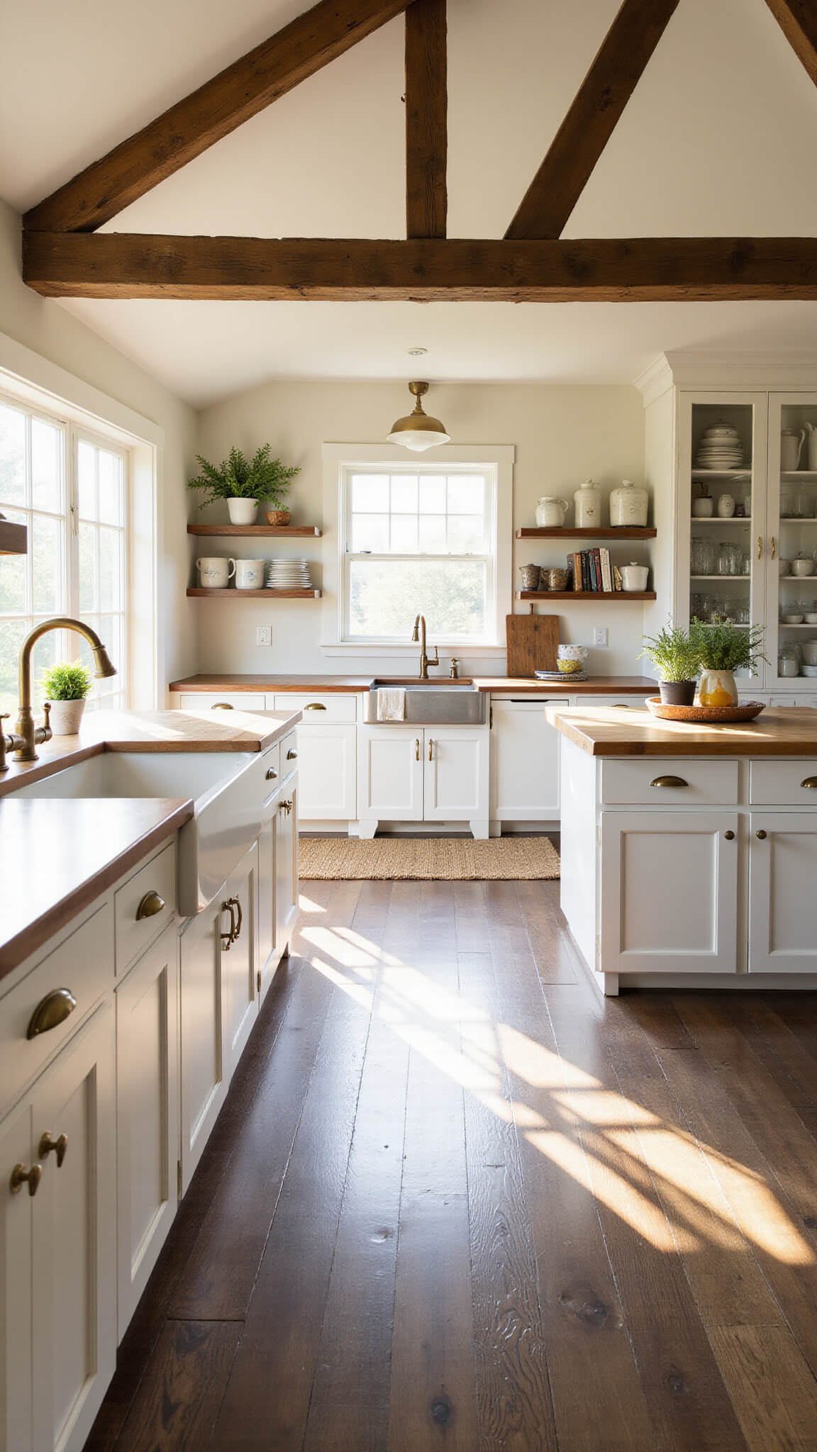 Spacious farmhouse kitchen with white Shaker cabinets, dark hardwood floors, butcher block island, copper farmhouse sink, exposed beams, and warm afternoon light.