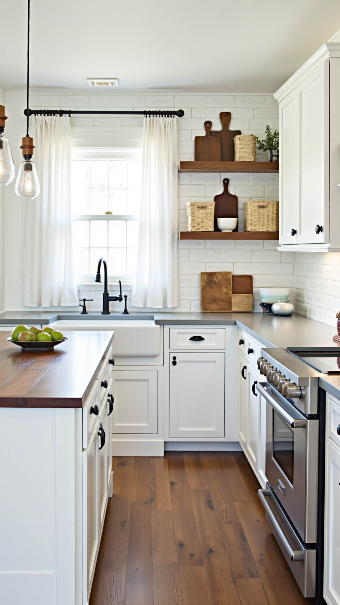 Bright white galley kitchen with subway tile backsplash, open shelving, farmhouse sink under window, reclaimed wood island, and matte black hardware.