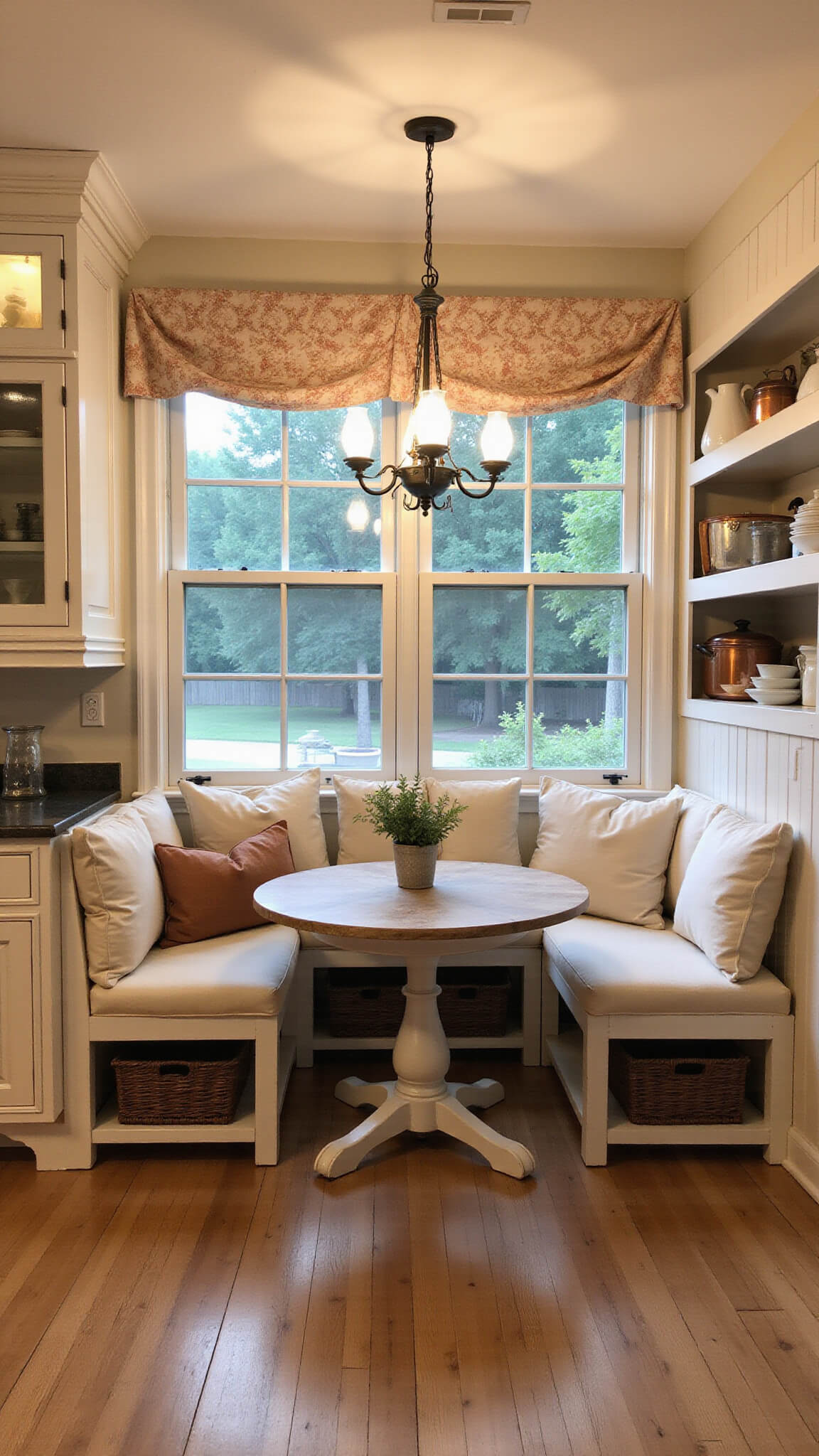 Cozy farmhouse kitchen nook with built-in bench seating, vintage-style lighting, white beadboard cabinets, copper accents, and warm twilight ambiance.