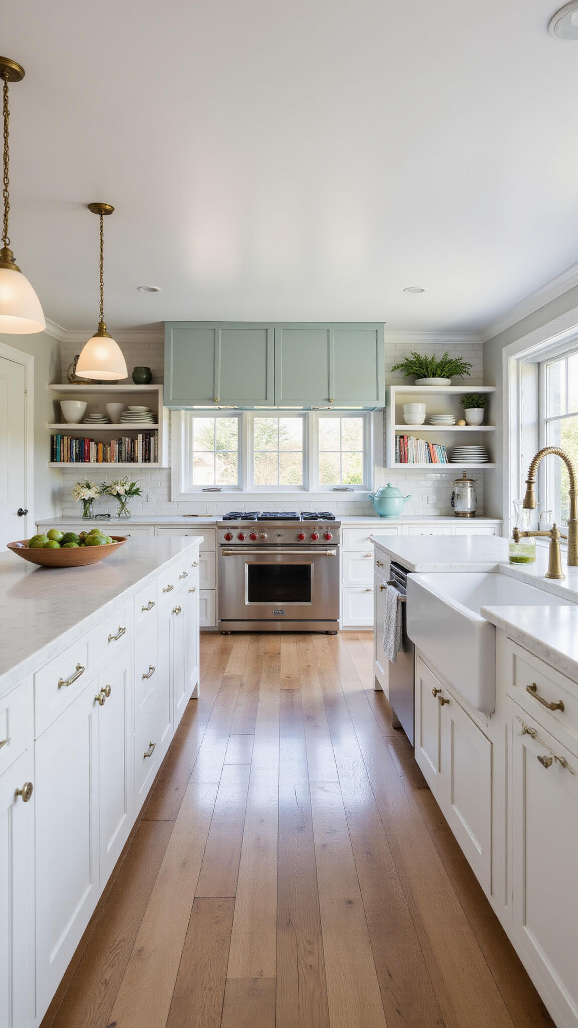 Open-concept farmhouse kitchen with white Shaker cabinets, marble island, brass pendant lights, sage green range hood, open shelving, farmhouse sink, and wide-plank oak floors in soft evening light.