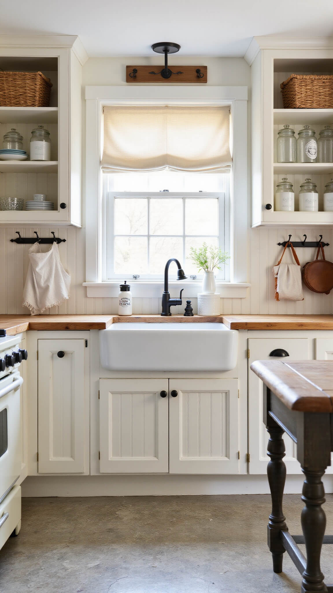 Sunlit farmhouse kitchen with white cabinets, butcher block countertops, apron-front sink, vintage cream stove, open shelving, and hex tile floor.