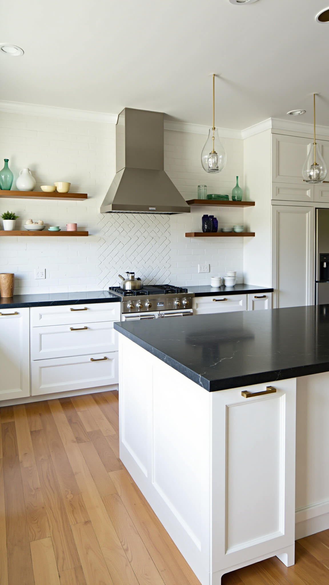 Modern farmhouse kitchen with white cabinets, dark soapstone countertops, herringbone tile backsplash, and a large waterfall-edge island under glass pendant lights.