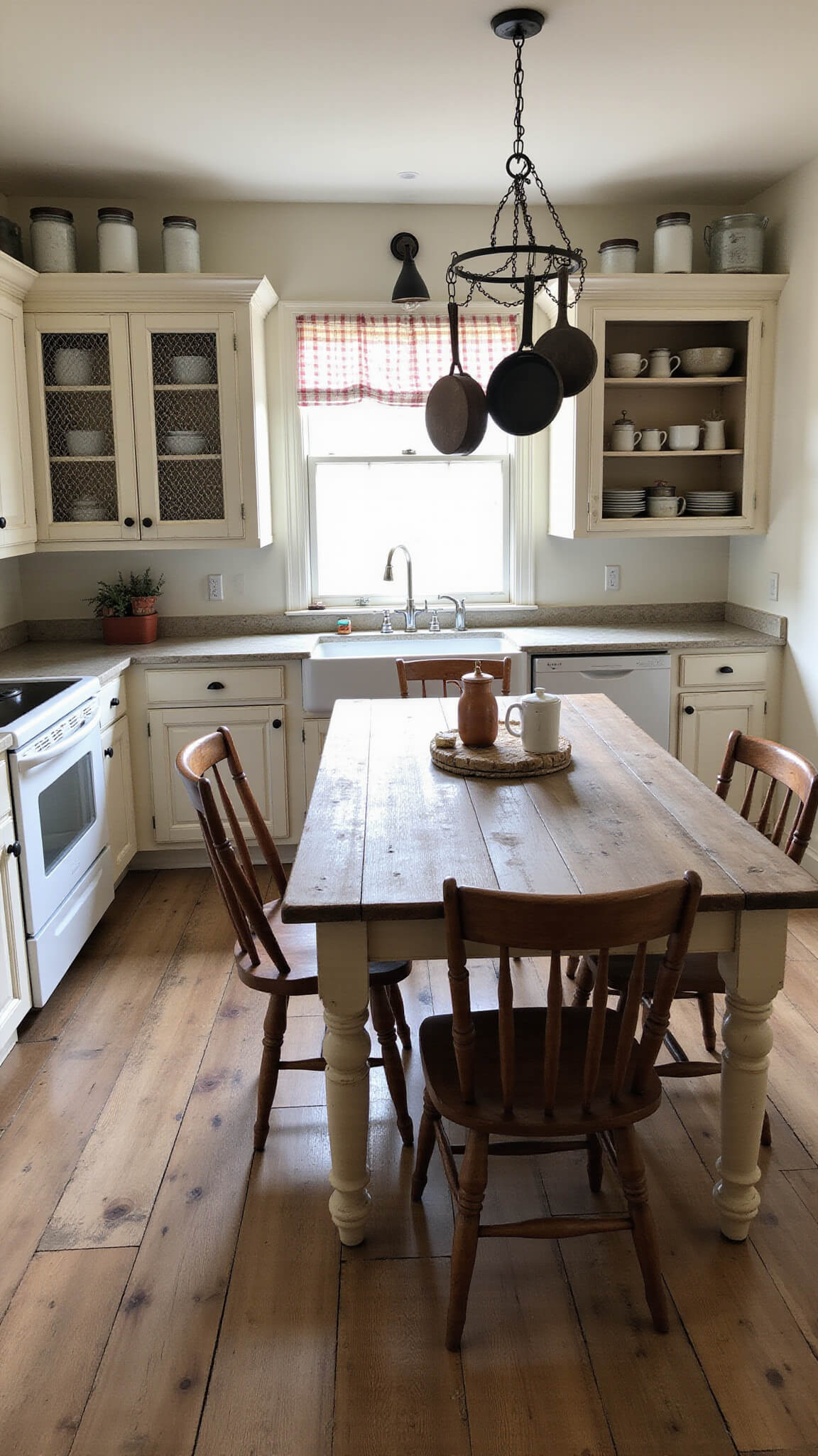 Rustic farmhouse kitchen with distressed white cabinets, open shelving, vintage sink under gingham-curtained window, large weathered table with mismatched chairs, reclaimed barn wood floors, hanging pot rack, and dusk lighting.