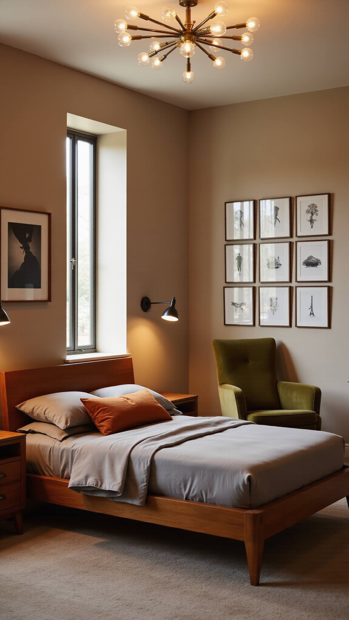 Mid-century inspired bedroom with teak bed, gray and orange bedding, mixed wood nightstands, brass Sputnik chandelier, black and white wall art, olive green velvet armchair, and warm ambient lighting at dusk.