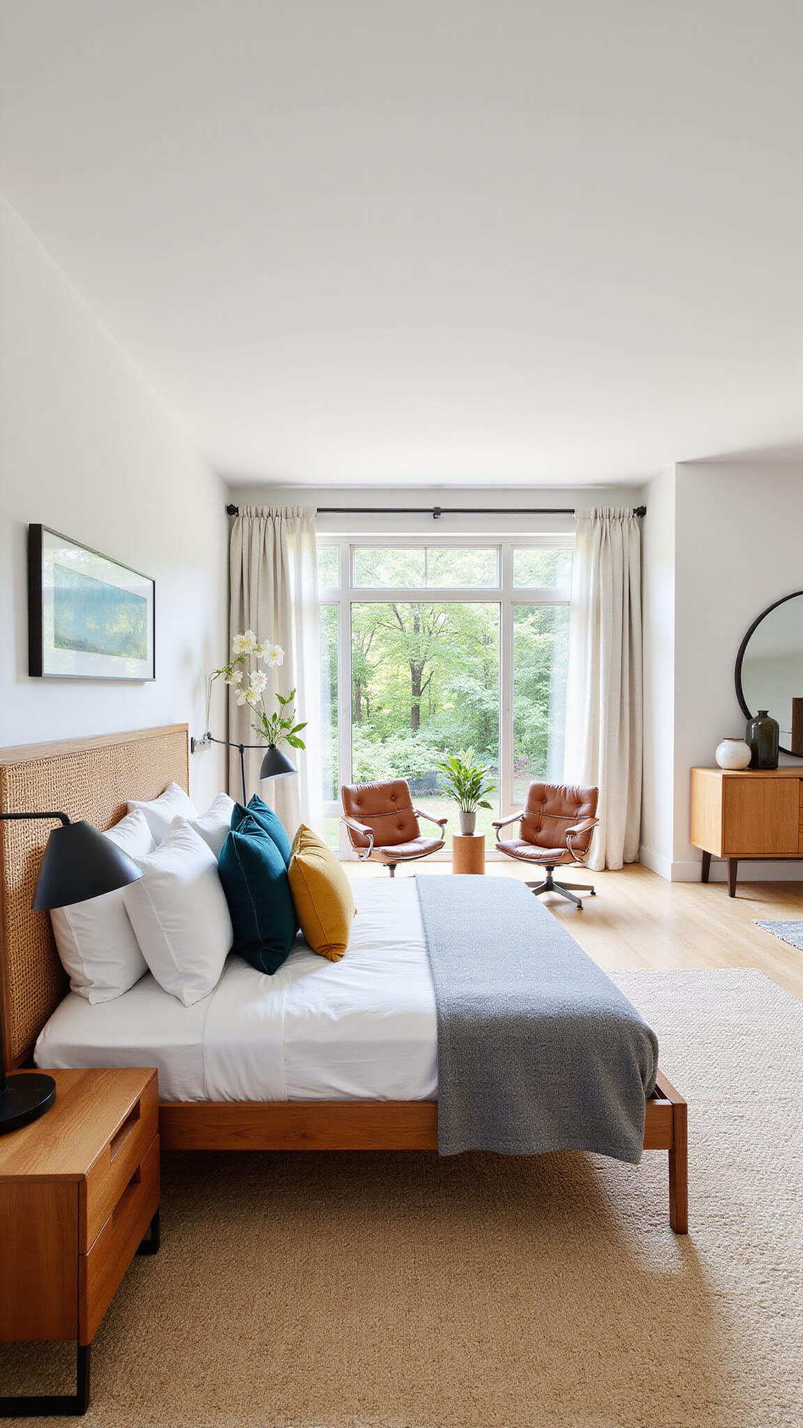 Mid-century modern master bedroom with walnut headboard, white bedding, floating nightstands, Barcelona chairs, light oak dresser, and floor-to-ceiling windows overlooking greenery.