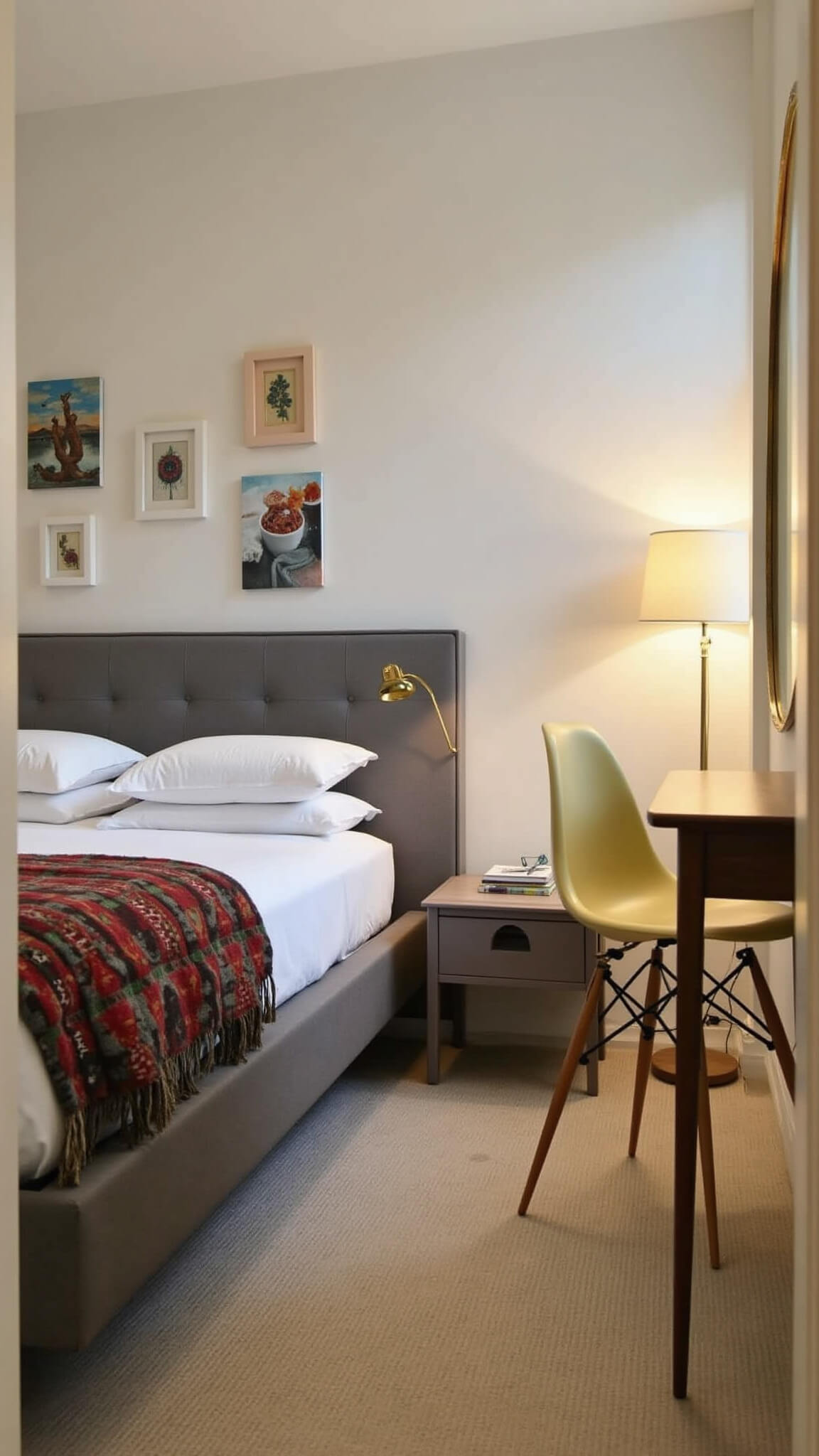 Mid-century inspired guest bedroom with a gray tufted platform bed, geometric wool throw, brass wall sconces, slim console desk with Eames chair, abstract art, walnut-framed mirror, and warm layered lighting.