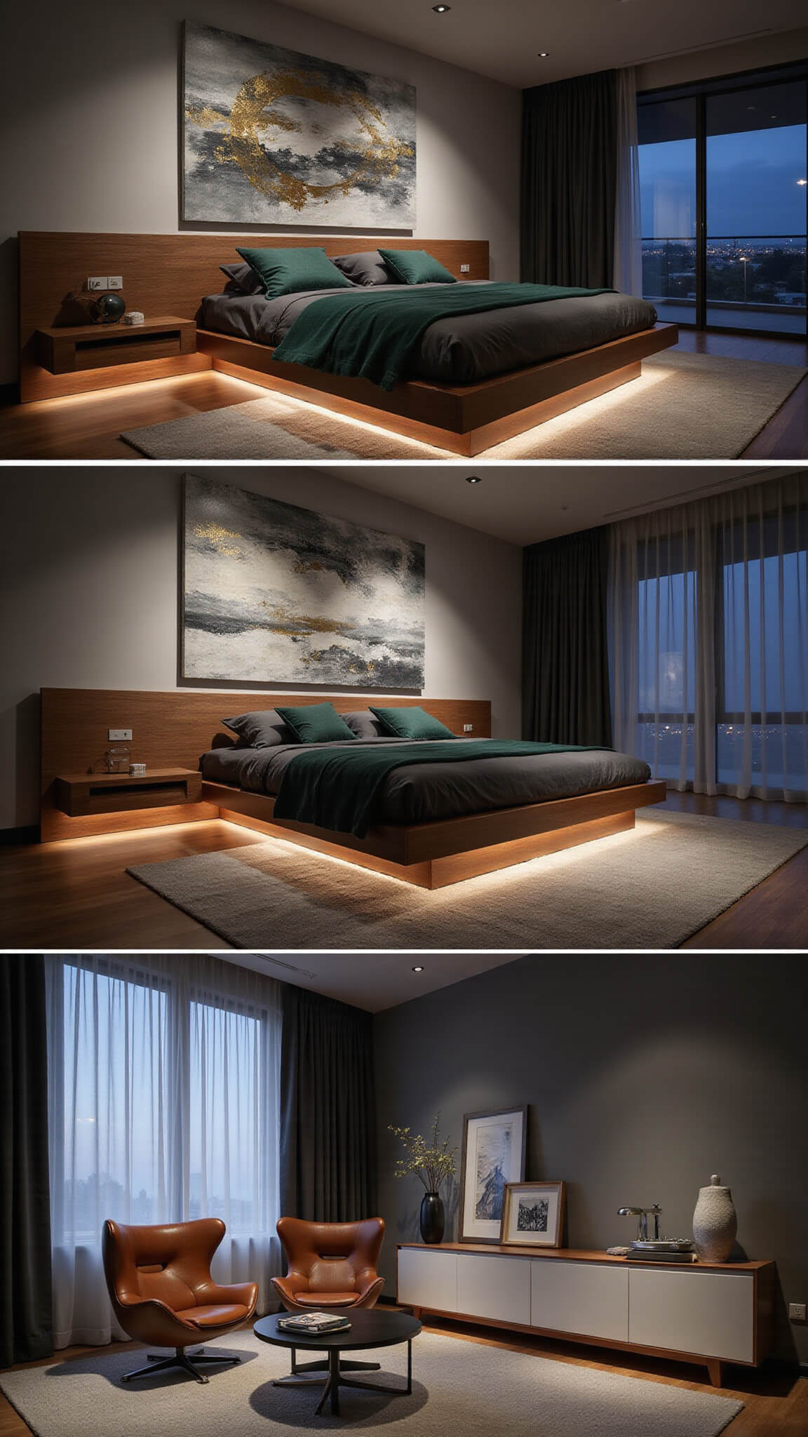 Low-angle view of a luxurious mid-century modern bedroom at night, featuring a walnut king bed with charcoal and emerald linens, floating nightstands with LED lighting, abstract artwork, cognac leather egg chairs, a pale wood credenza, and sheer curtains over large windows in moody ambient lighting.