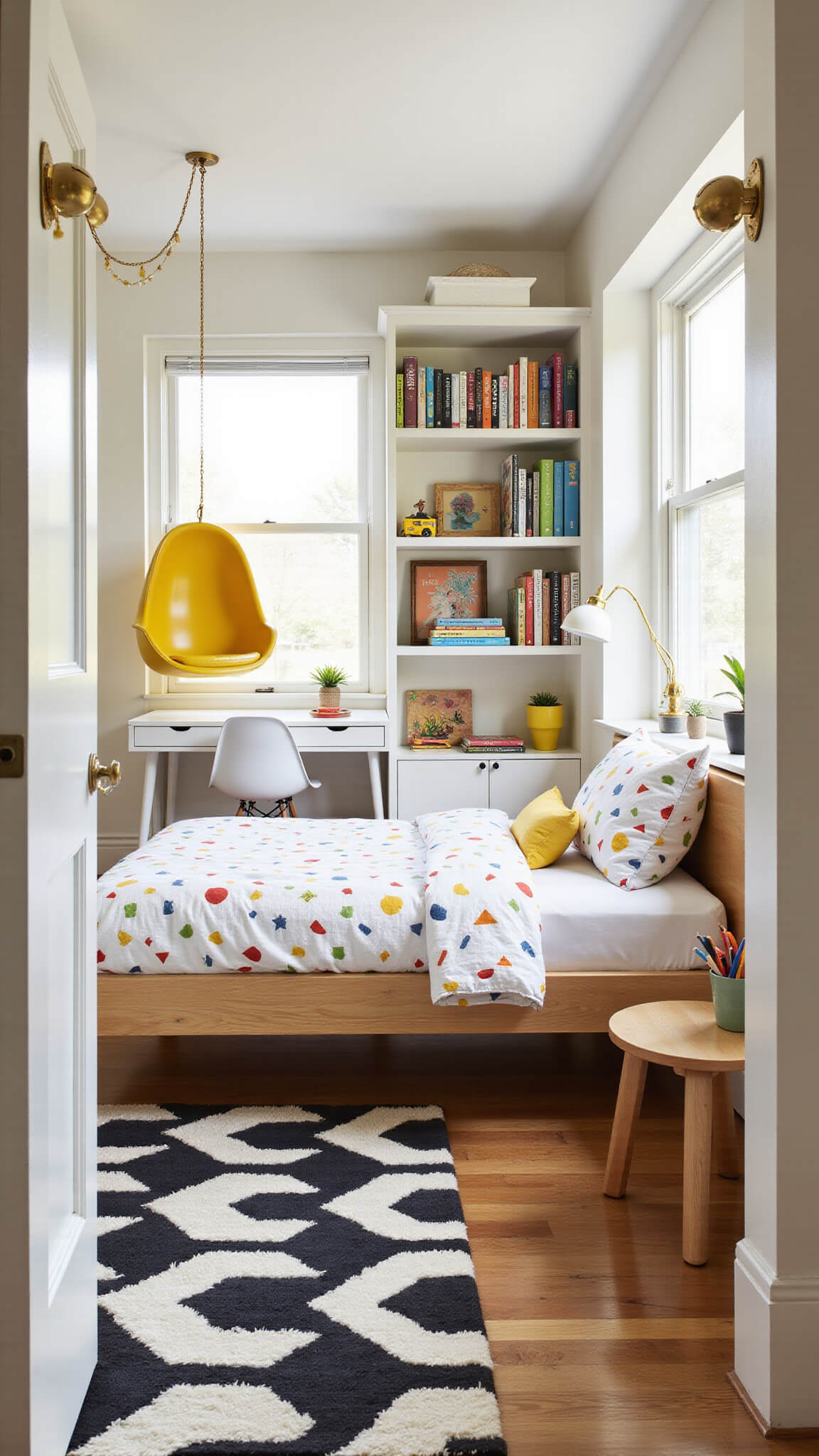 Mid-century inspired kids' bedroom with white linens and primary color patterns, yellow hanging egg chair, built-in shelves with books and toys, white desk with miniature Eames chair, black and white graphic rug, and atomic-shaped wall sconces in bright morning light.