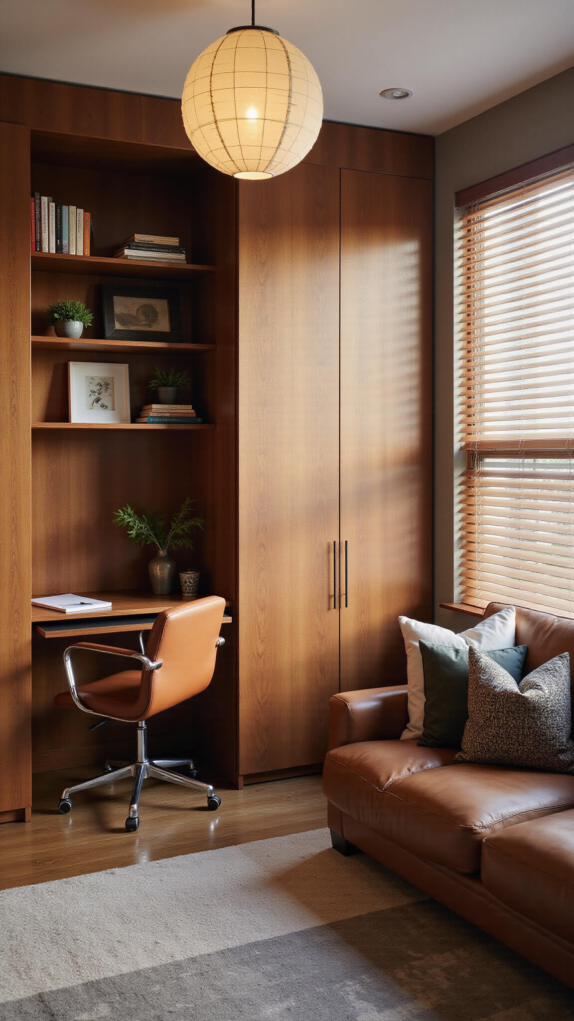 Wide-angle view of a serene mid-century modern home office and guest bedroom at dawn, featuring a tucked-away walnut Murphy bed revealing a built-in desk with a cognac leather chair, open shelving with books and plants, a glowing Noguchi lantern, a leather daybed with earth-toned pillows, and slatted blinds filtering soft morning light.