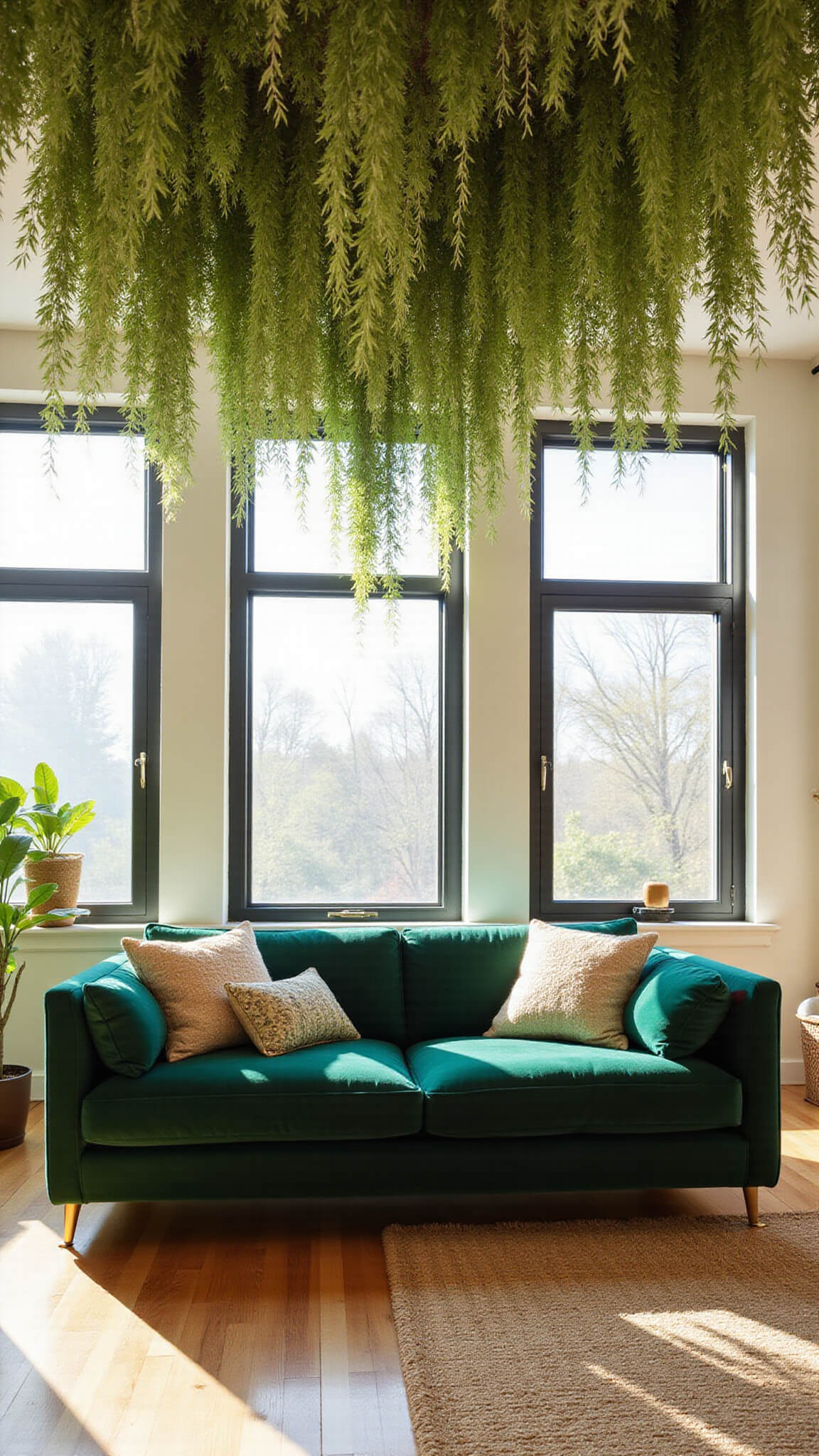 Low-angle view of a sunlit living room with tall ceilings, emerald green velvet sofa, cascading hanging pothos plants, and warm natural textures.