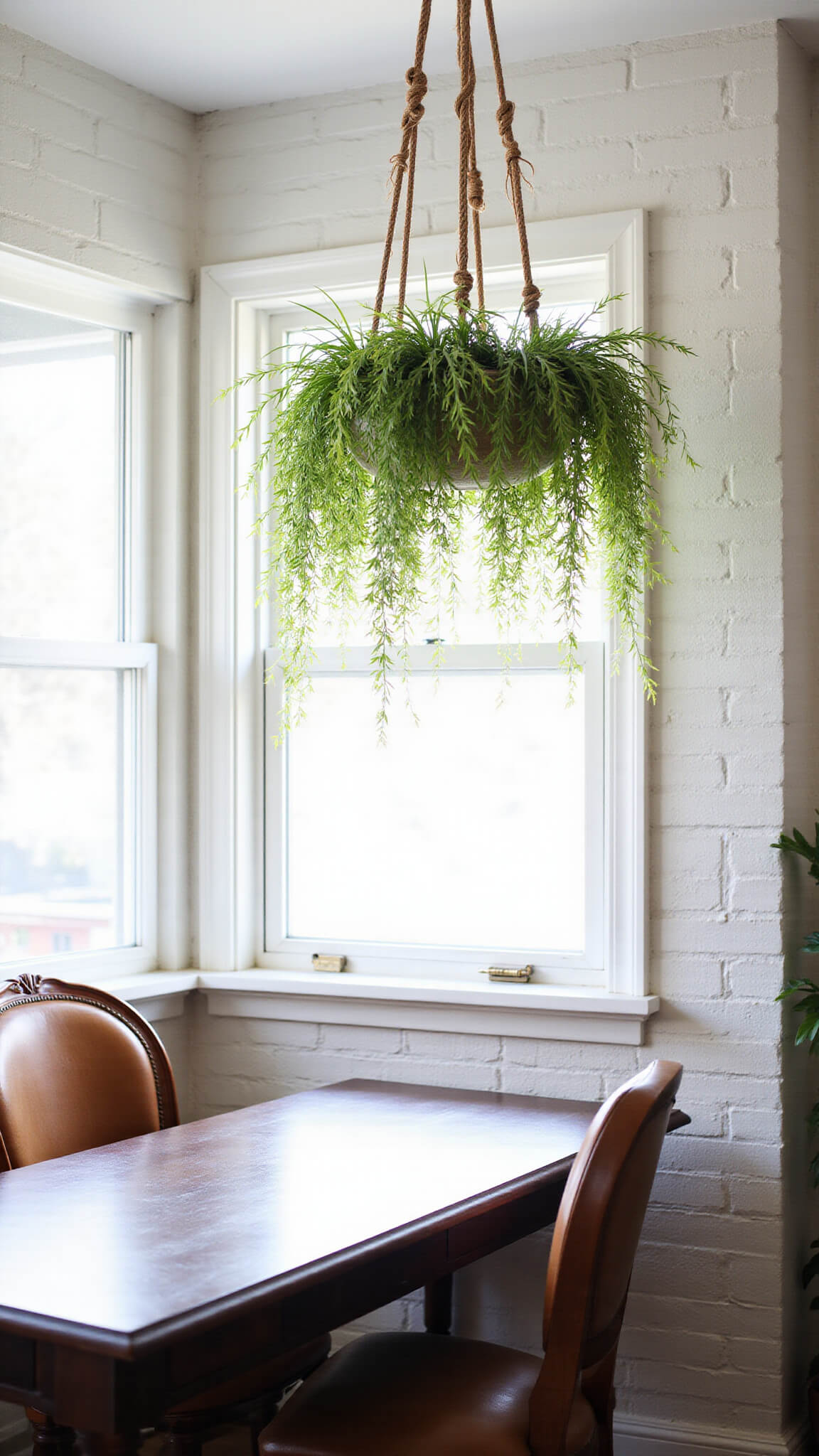 Cozy home office with dark wood desk under large window, hanging spider plants in macramé holders, white brick walls, leather chair, and brass accessories in soft morning light.