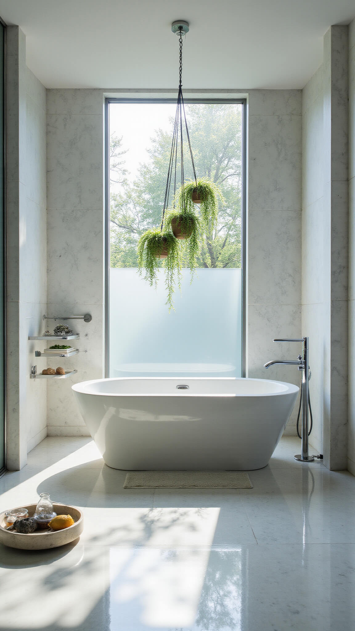 Minimalist marble bathroom with freestanding oval tub, hanging air plants, and chrome fixtures, viewed from above.