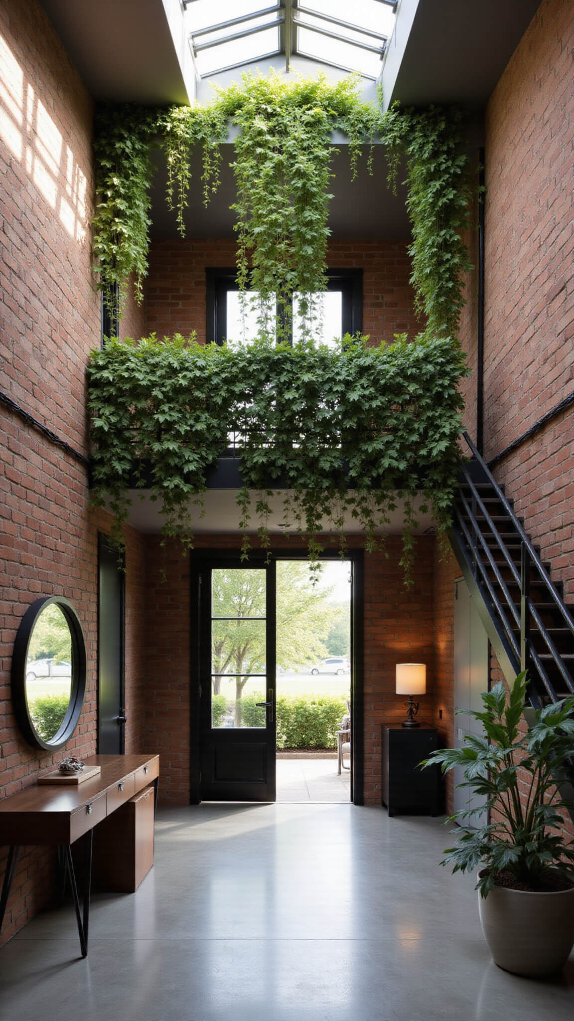 Modern industrial double-height entryway with exposed brick, concrete floors, and cascading philodendron under skylight.