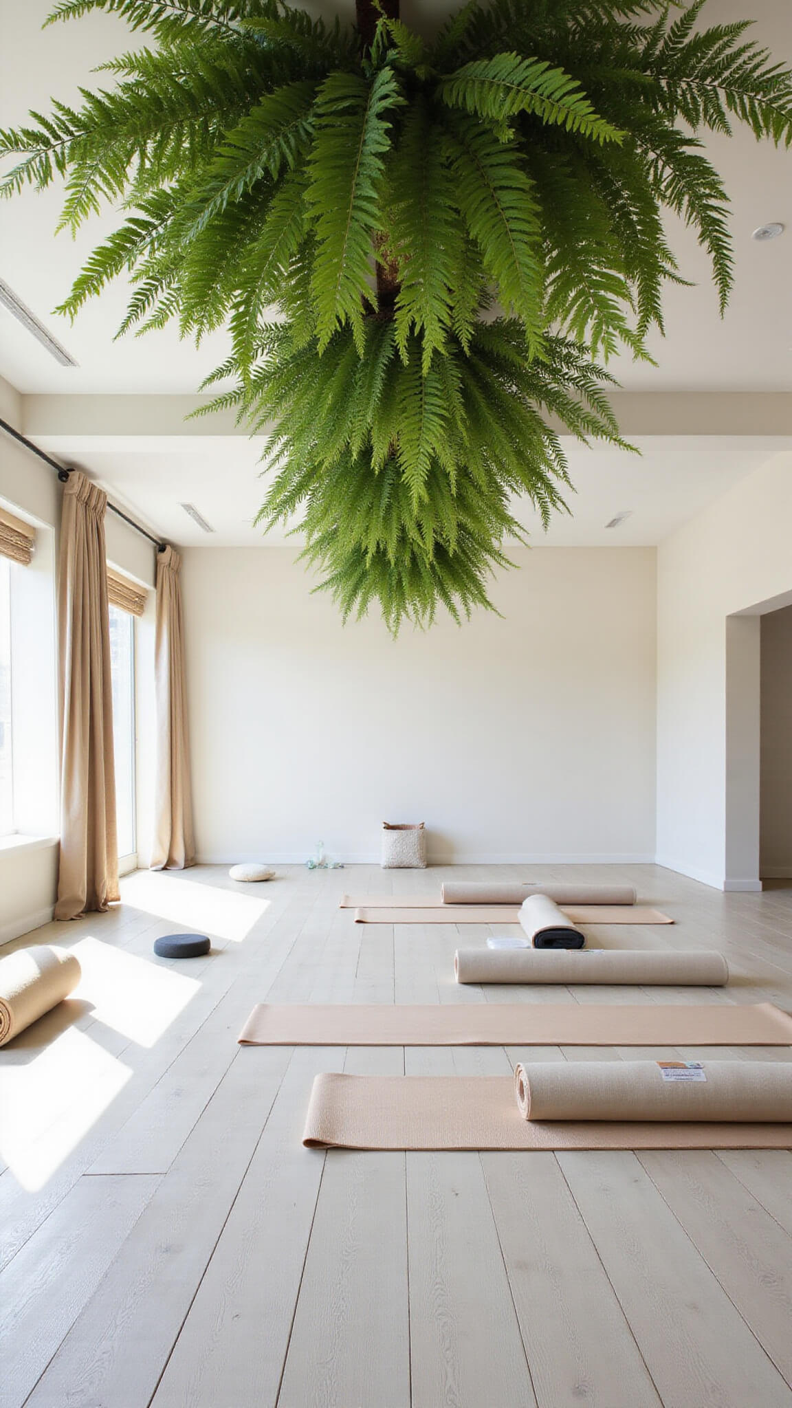 Serene yoga studio with pale wood floors, white walls, and hanging Boston ferns forming a green canopy above yoga mats and cushions.