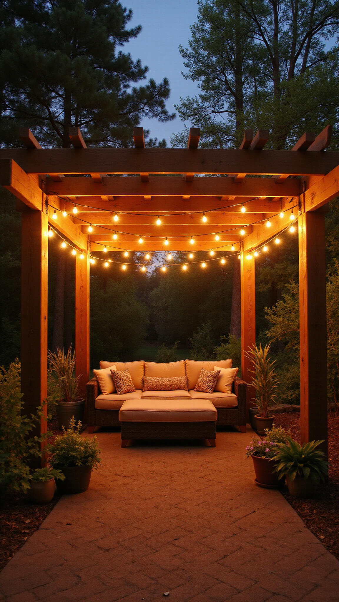 Cozy backyard patio at dusk with pergola, string lights, plush seating, and glowing trees, captured from low angle with magical lighting effects.