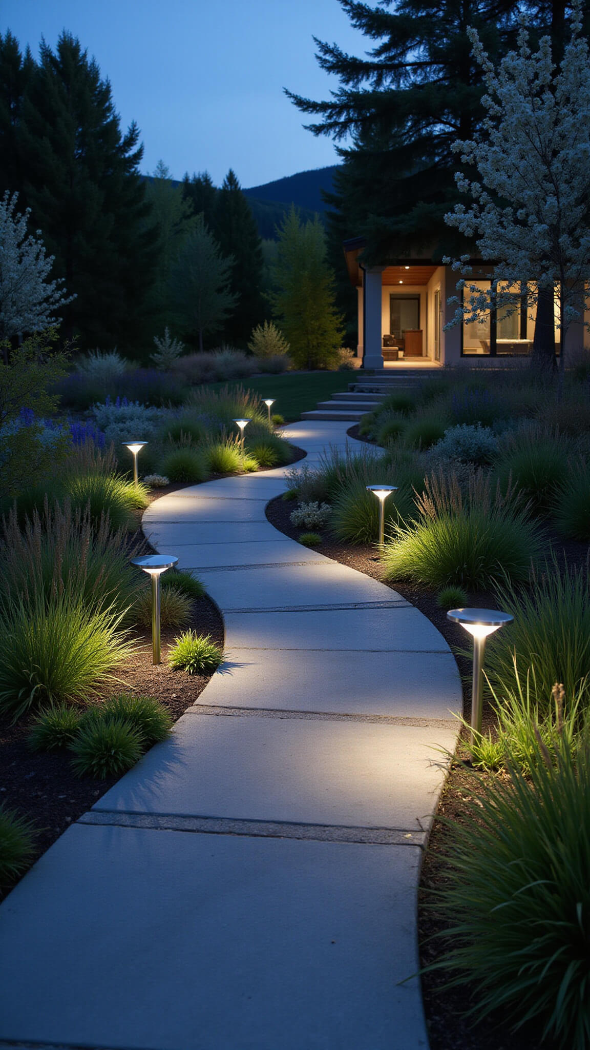 Stone pathway through twilight garden with modern path lights and blurred distant patio.