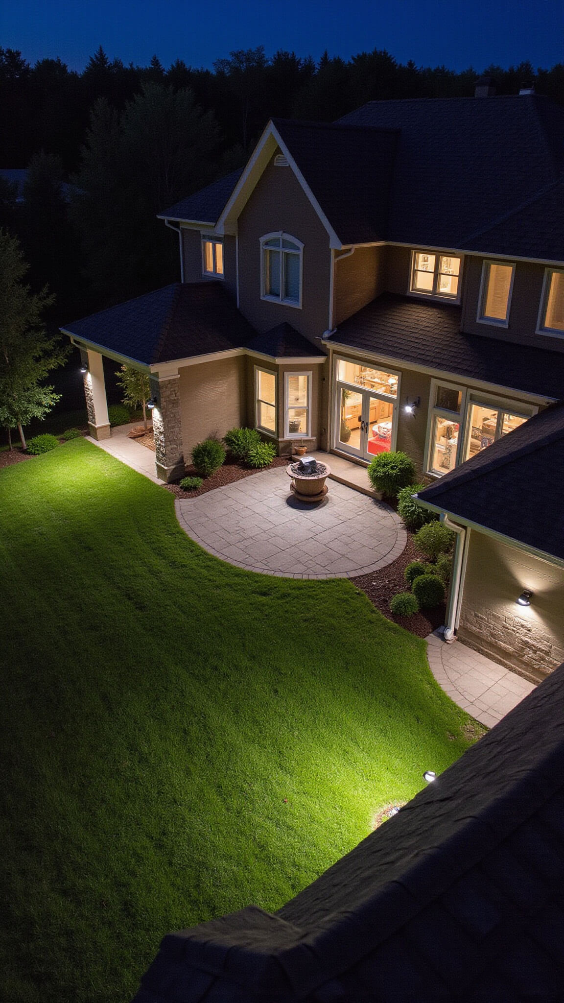Bird's-eye view of a well-lit suburban backyard at night with floodlit patio, highlighted trees, and warm interior window light creating a secure and expansive atmosphere.